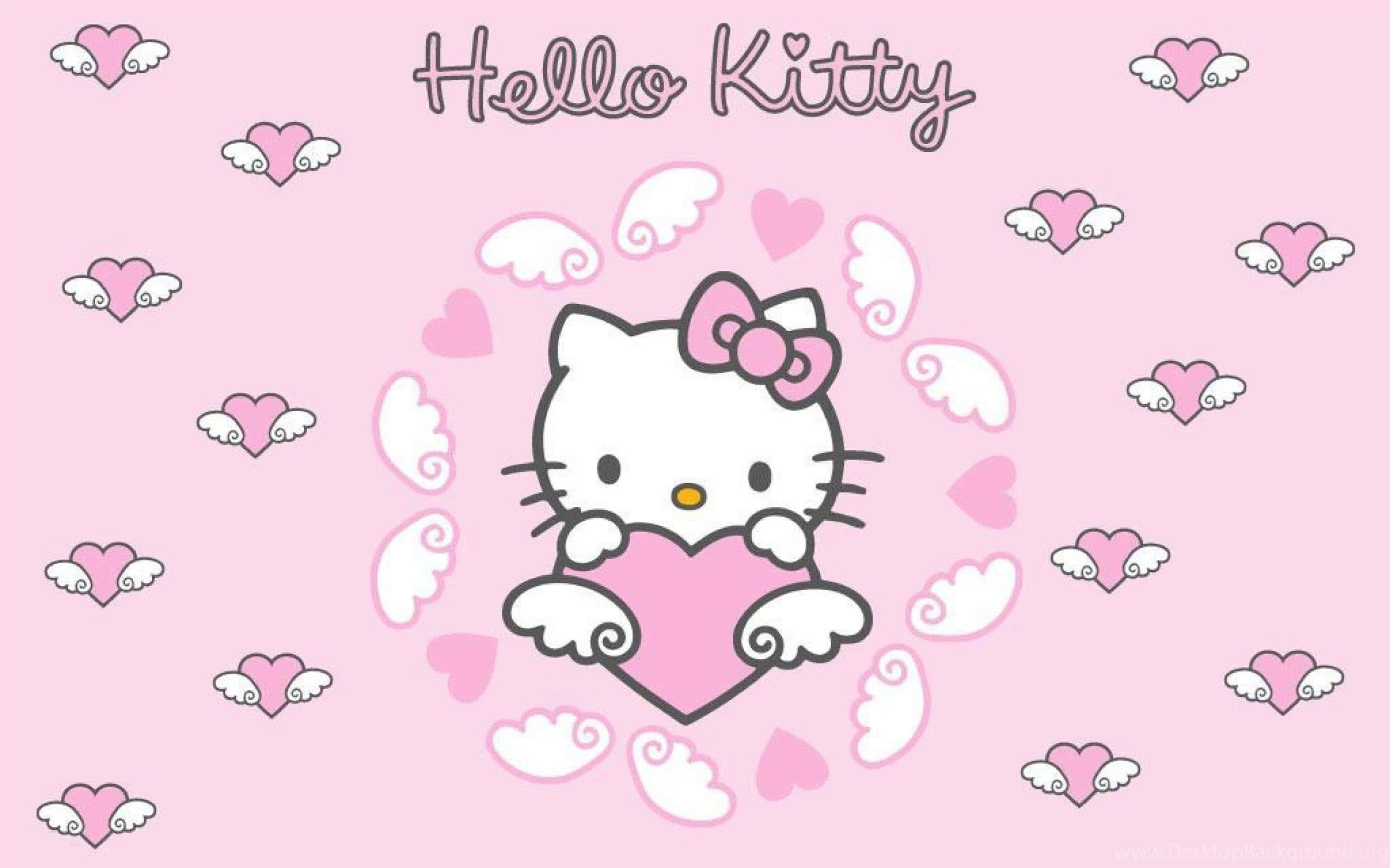 Hello Kitty hồng dễ thương với đôi cánh trái tim Hình nền