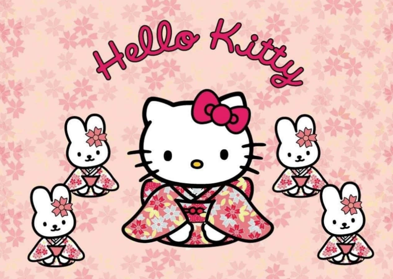 Hello Kitty Laptop Với Những Chú Thỏ Mặc Kimono Hình nền