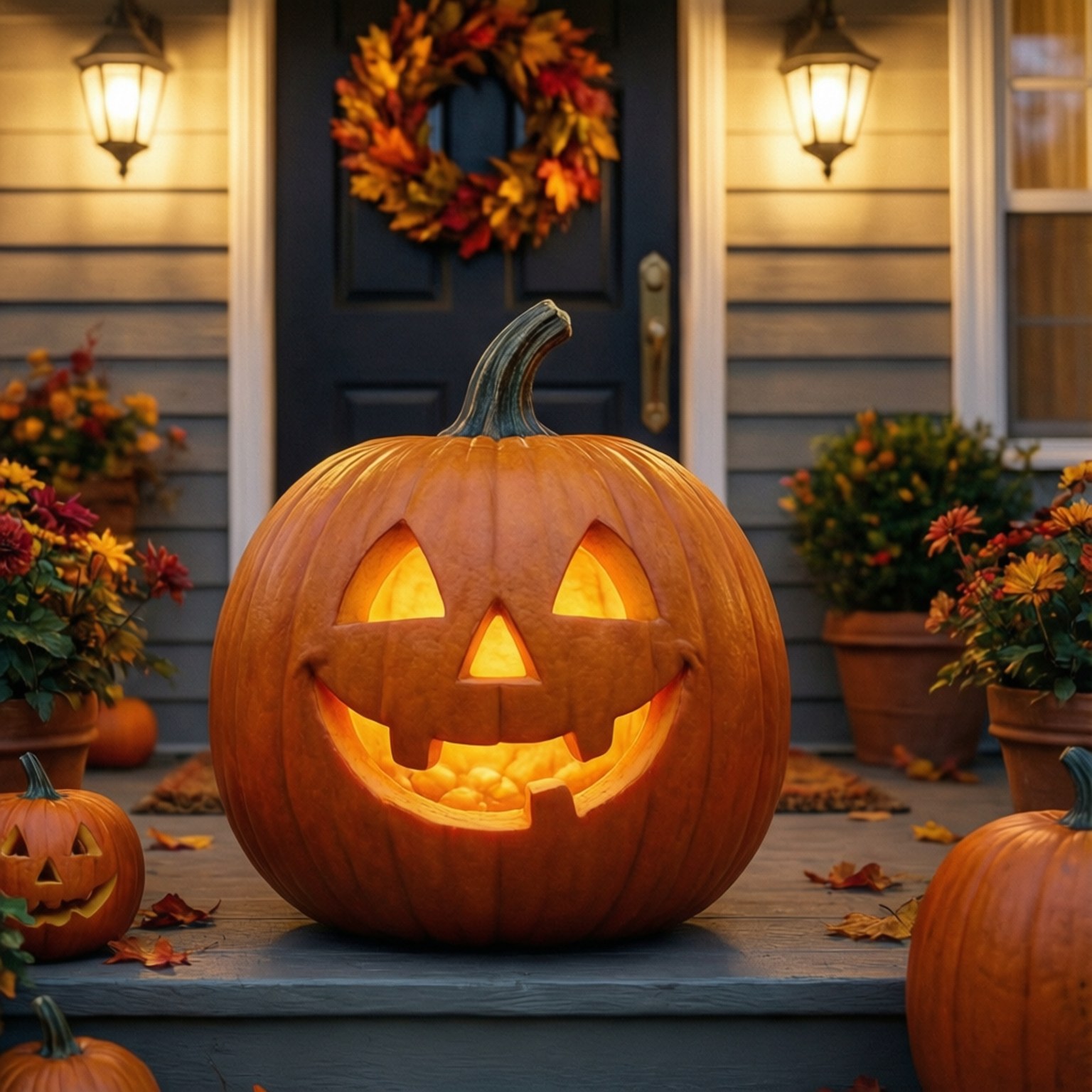 Hiên nhà với bí ngô Jack-o-Lantern đang cười Hình nền