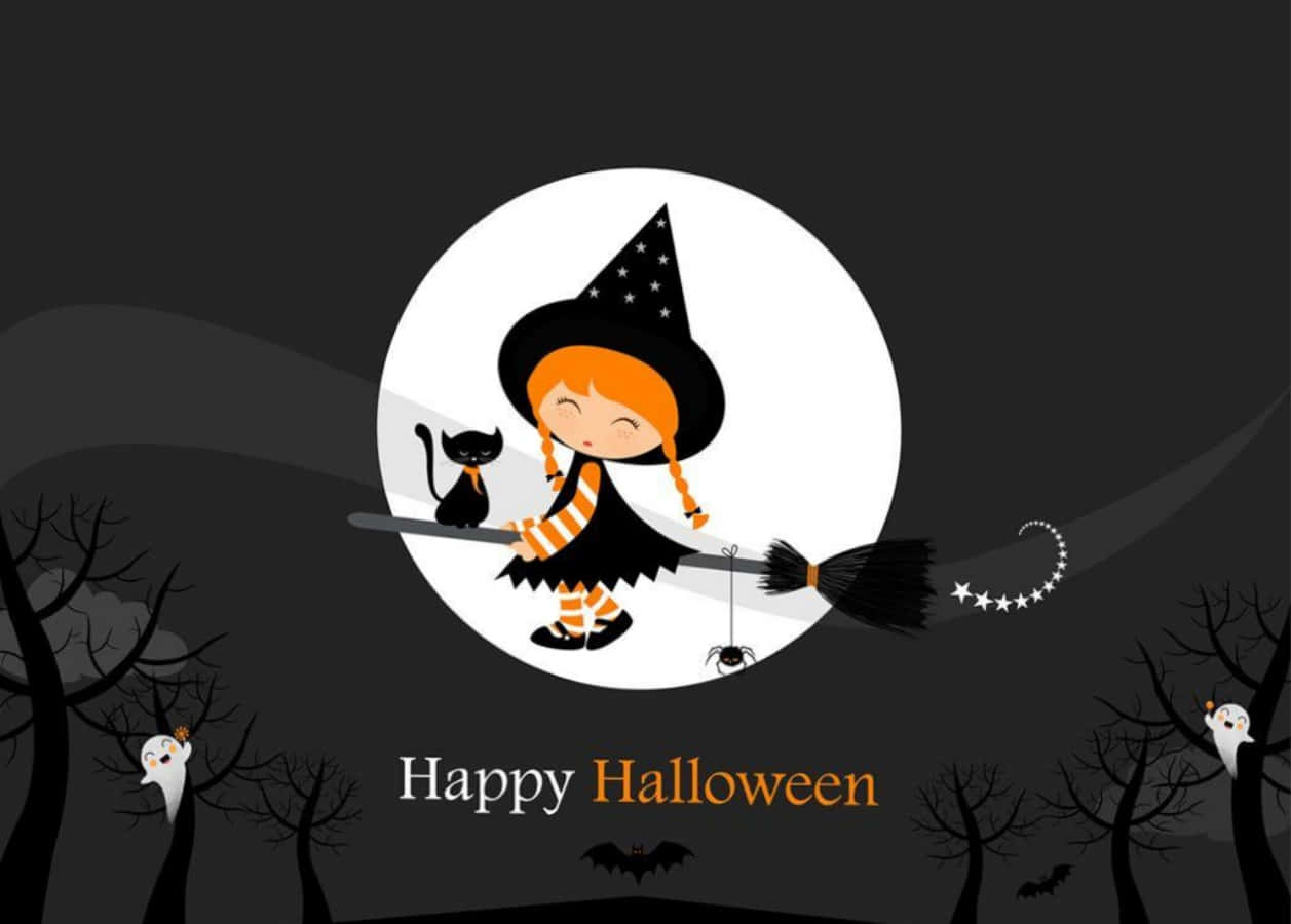 Hình ảnh cô bé phù thủy hoạt hình Halloween với chú mèo đen Hình nền