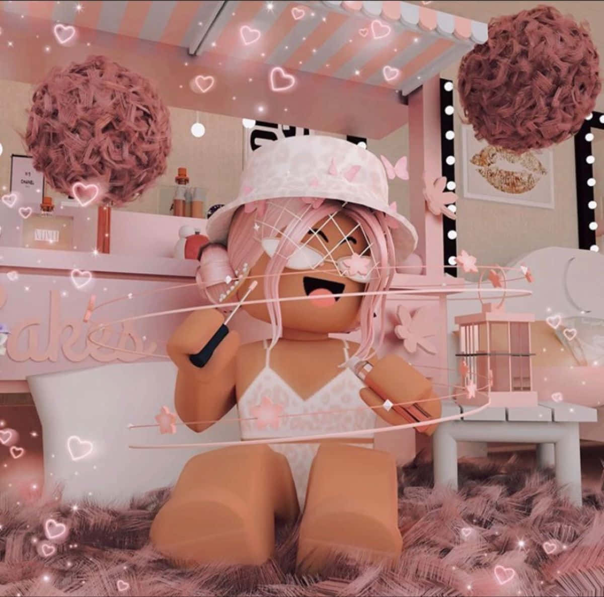 Hình ảnh cô gái Preppy Roblox trong căn phòng màu hồng Hình nền