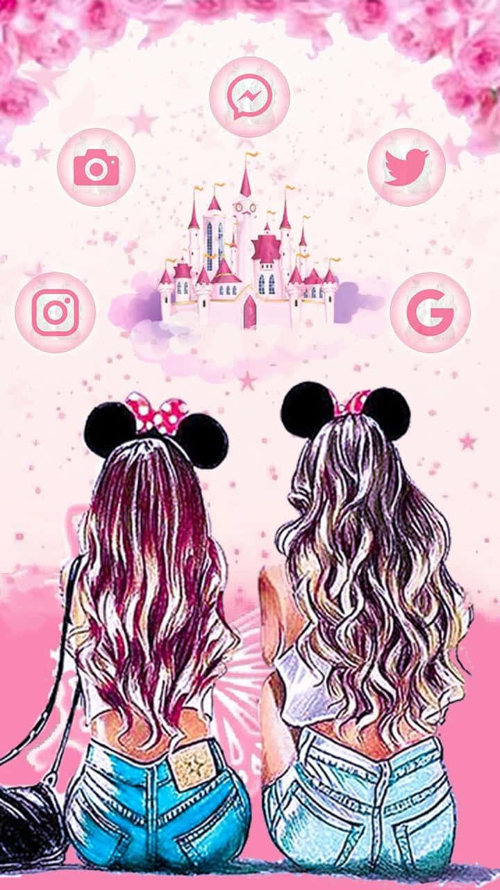 Hình ảnh hai cô gái hoạt hình tình bạn tại lâu đài Disneyland Hình nền
