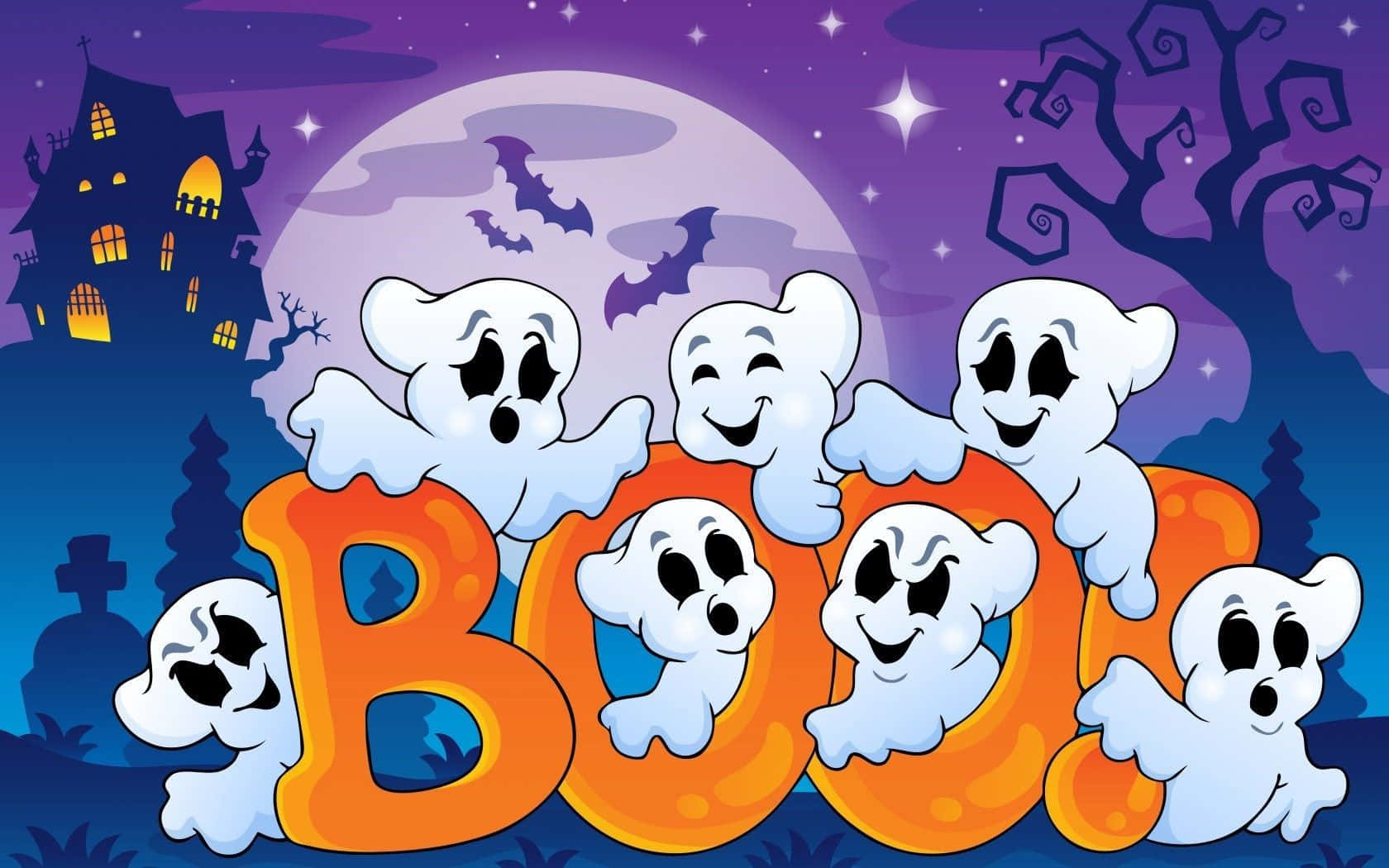 Hình Ảnh Ma Dễ Thương Bay Lơ Lửng Trong Đêm Halloween Hình nền