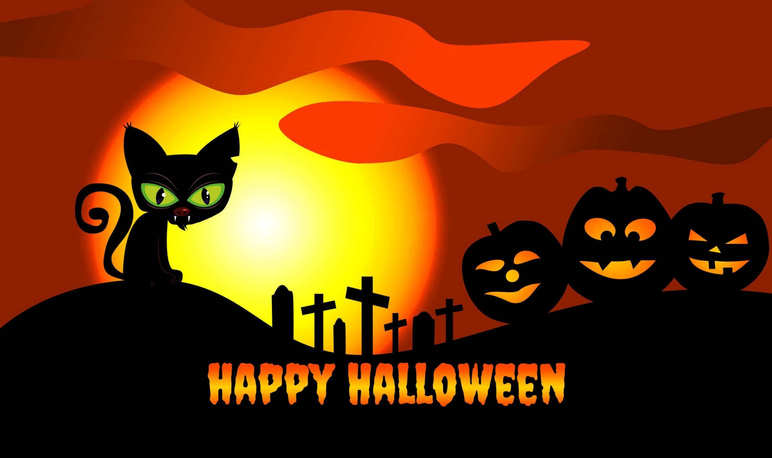 Hình ảnh mèo hoạt hình Halloween với bí ngô tại nghĩa trang Hình nền