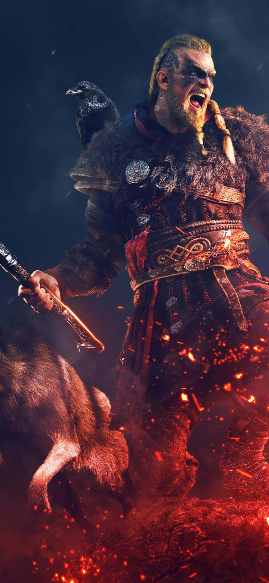 Hình nền Assassin's Creed Valhalla Eivor đối mặt với lửa cho iPhone XS Hình nền