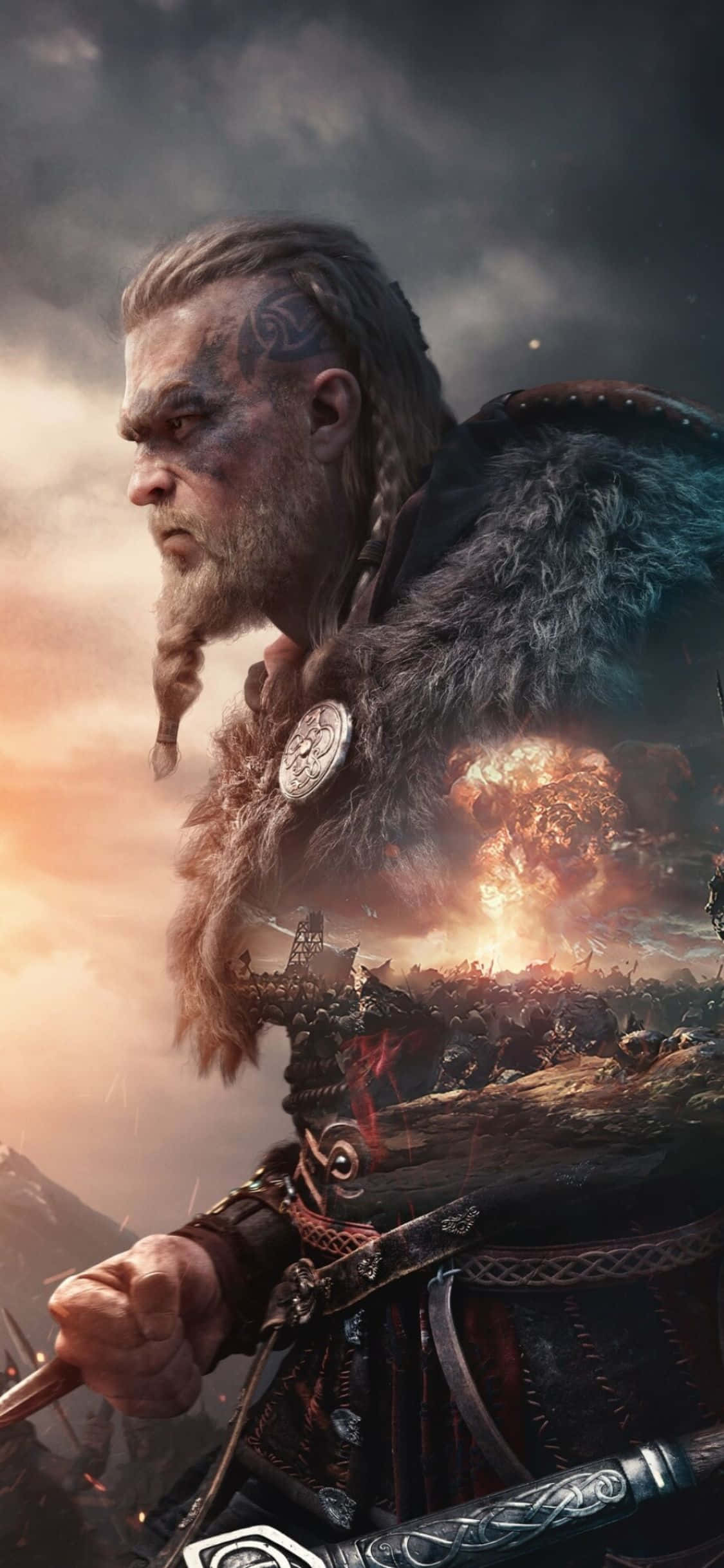 Hình nền Assassin's Creed Valhalla Eivor với vụ nổ cắt ghép cho iPhone XS Hình nền