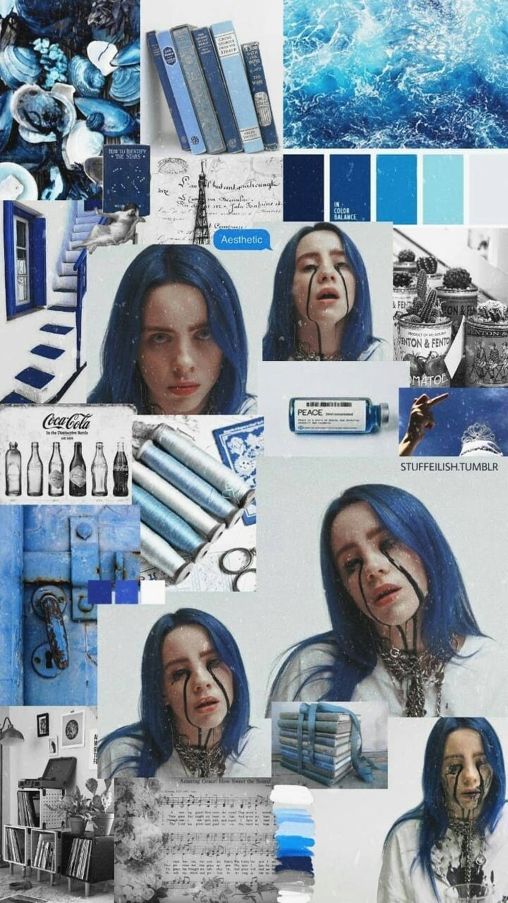 Hình nền ghép ảnh Billie Eilish xanh trắng thẩm mỹ Hình nền