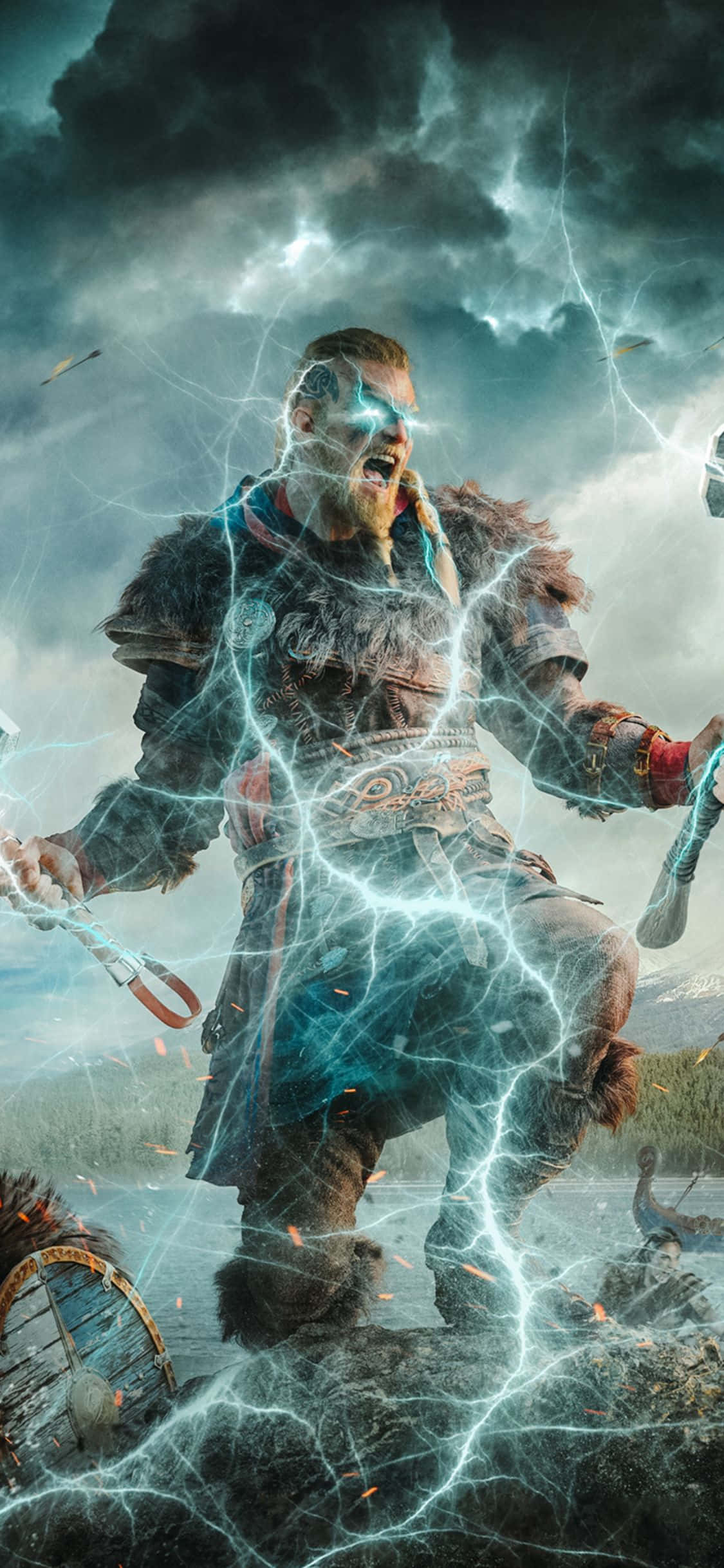 Hình nền iPhone Xs Assassin's Creed Valhalla Eivor hiệu ứng sét Hình nền
