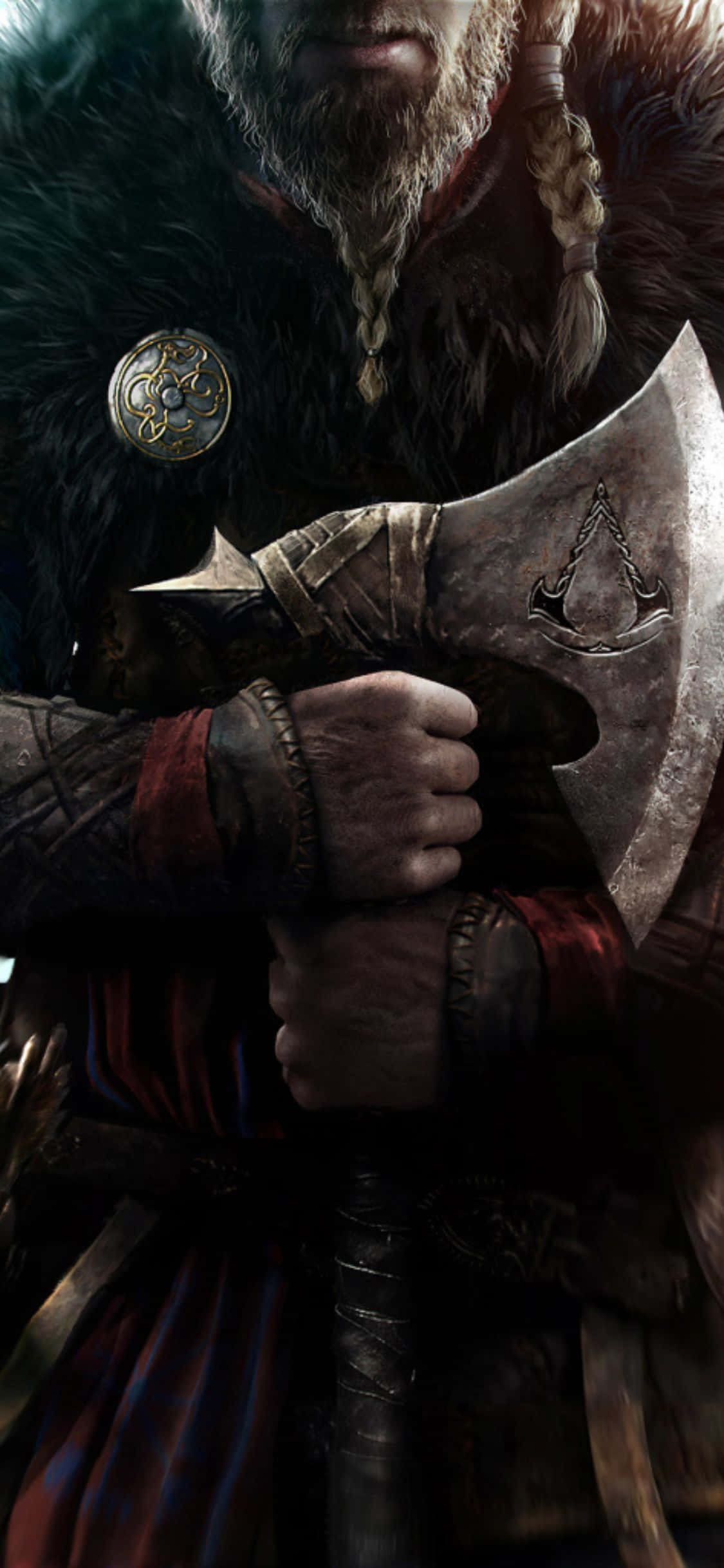 Hình nền iPhone Xs Assassin's Creed Valhalla chiến binh Viking cầm rìu Hình nền