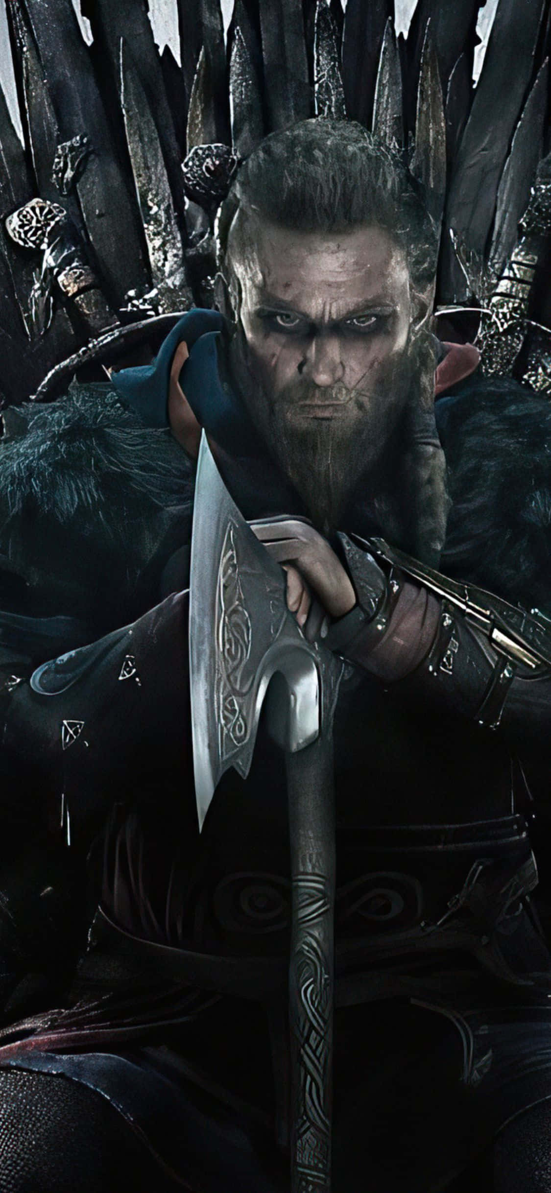 Hình nền iPhone XS Assassin's Creed Valhalla Eivor ngồi trên ngai vàng Hình nền