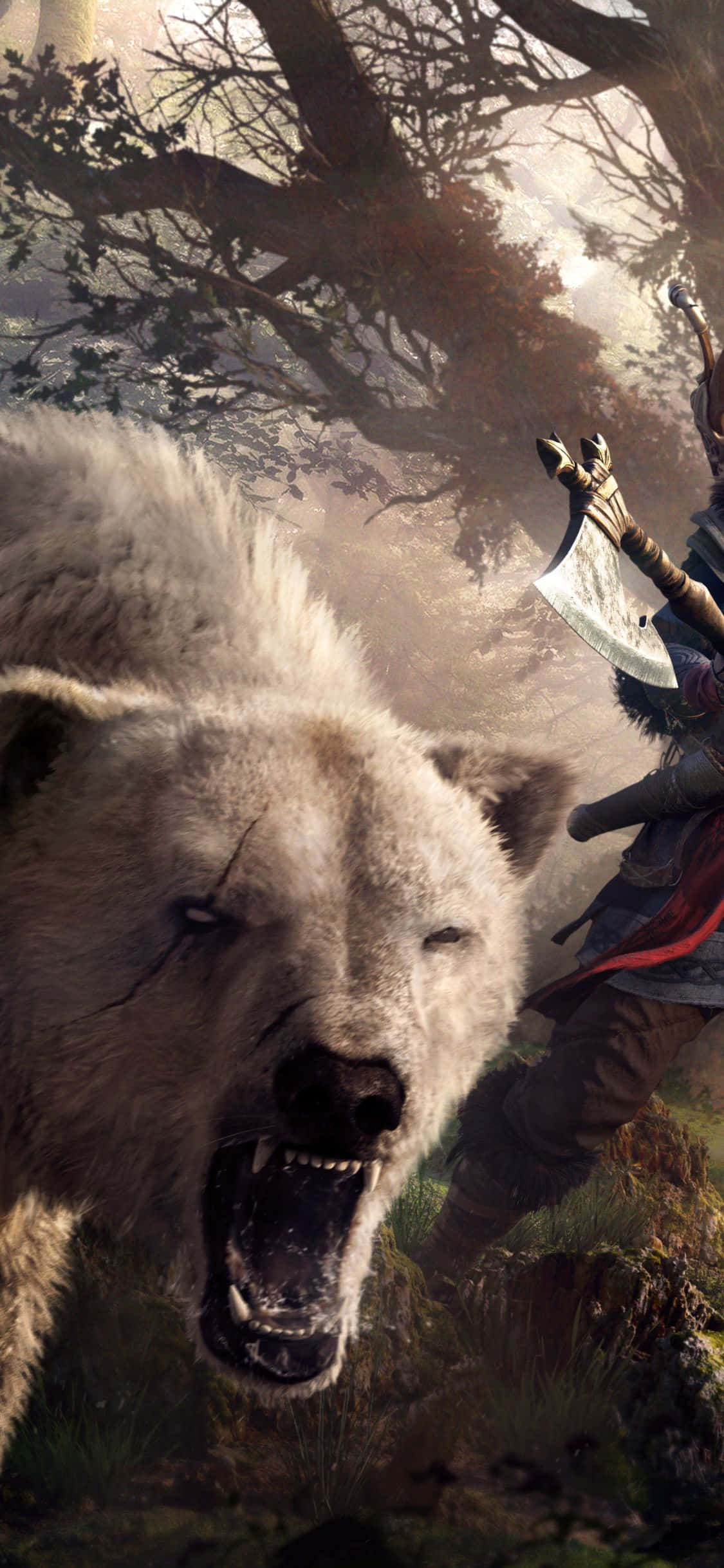 Hình nền iPhone Xs Assassin's Creed Valhalla gấu trắng gầm rú Hình nền