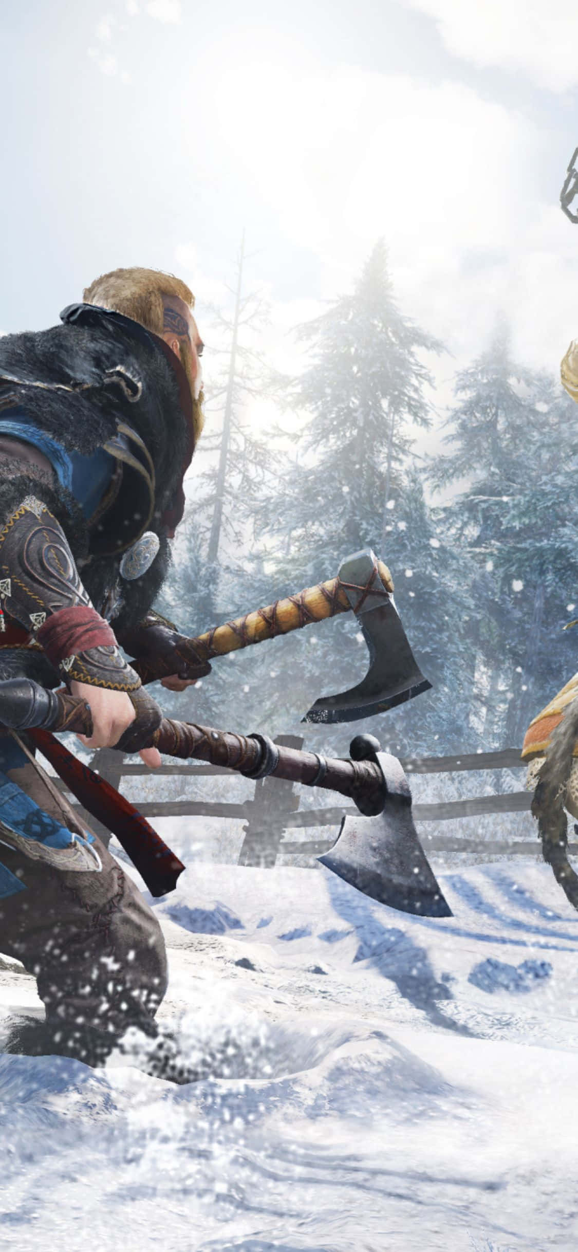 Hình nền iPhone Xs Assassin's Creed Valhalla Người đàn ông cầm hai rìu Hình nền