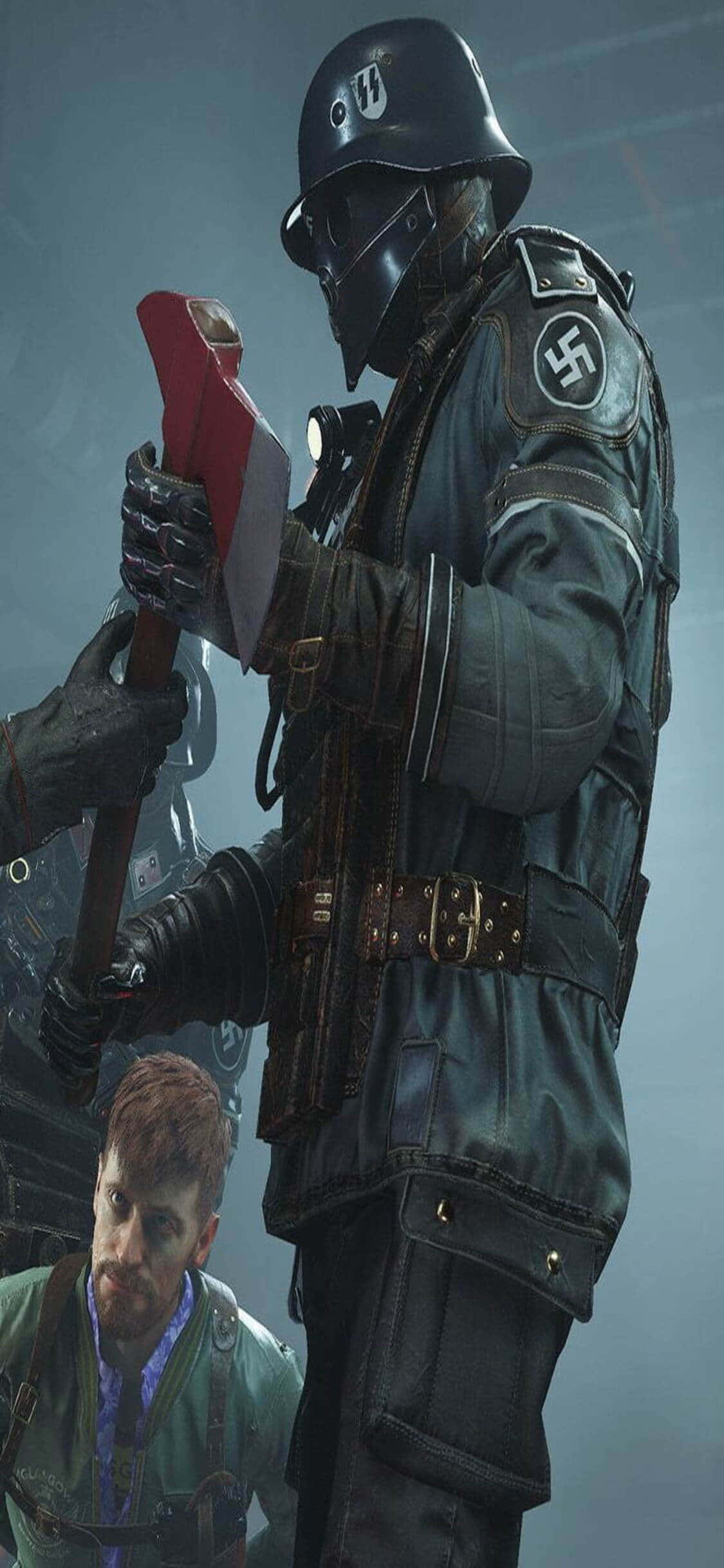 Hình nền iPhone Xs Wolfenstein II với lính phát xít cầm rìu Hình nền