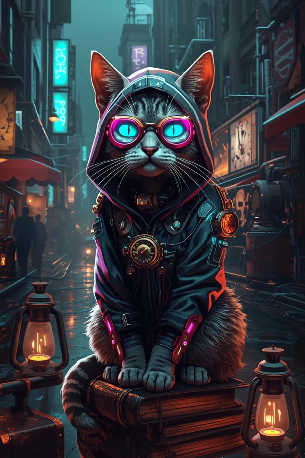 áo hoodie, công nghệ, nghệ thuật, tương lai, mèo con, steampunk, neon, kính mắt, mèo, cyberpunk
