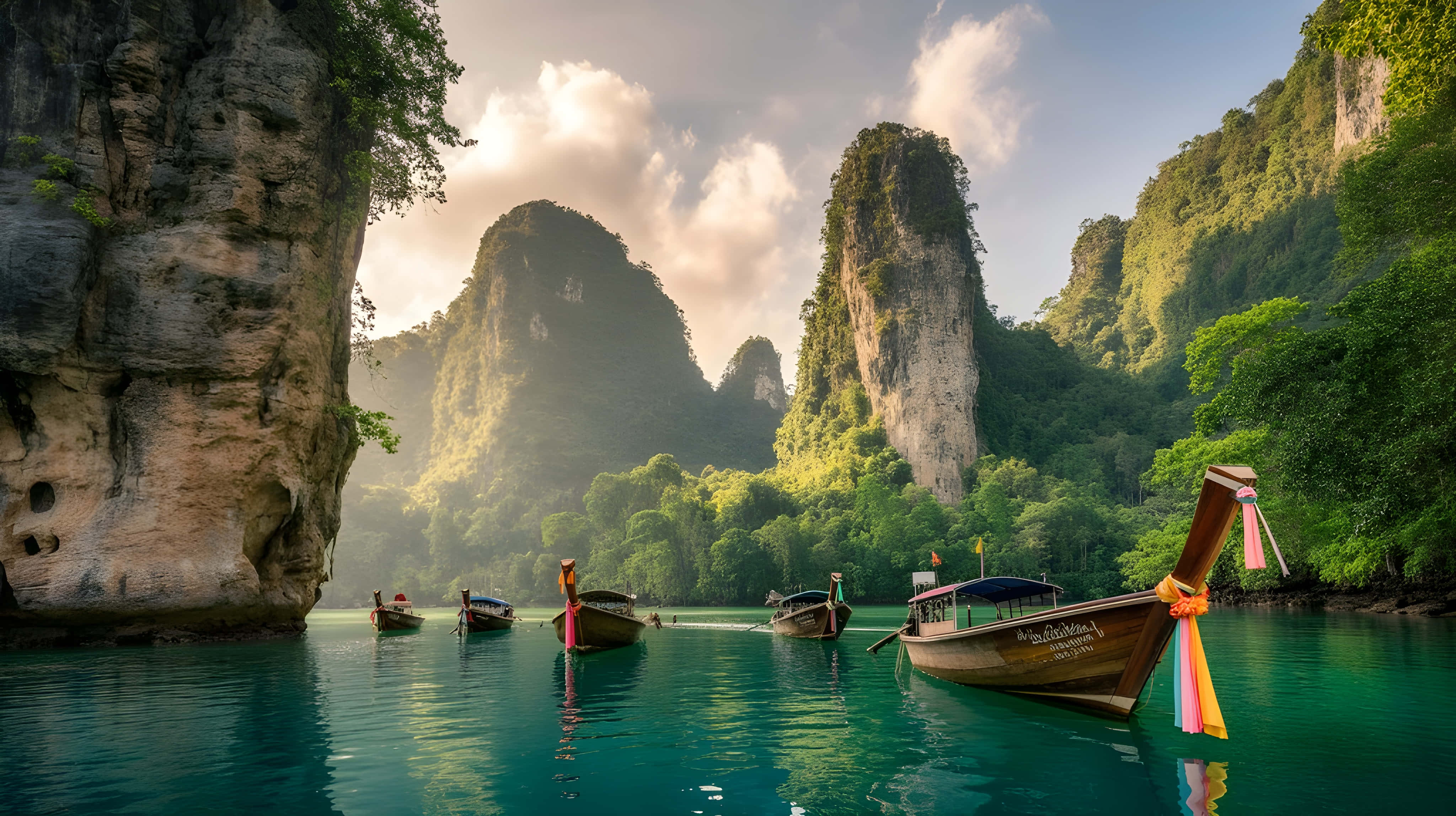 Hình nền Vách đá vôi ấn tượng và Thuyền đuôi dài truyền thống Hình nền