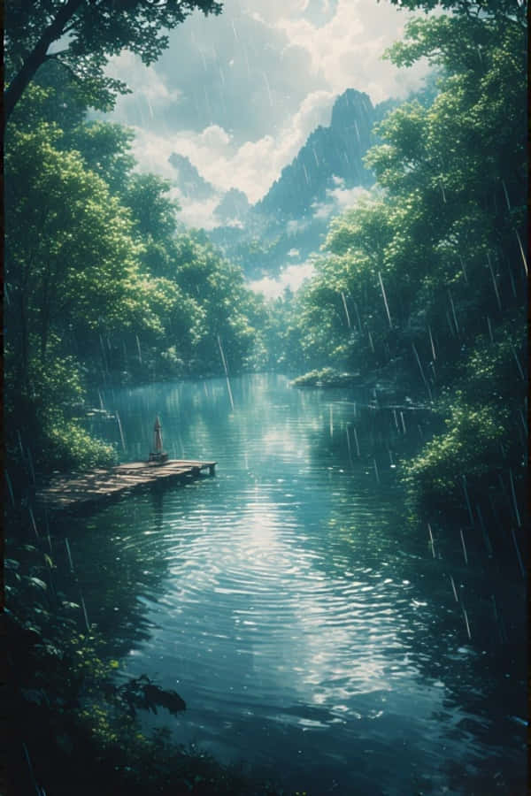 Hồ mưa anime trong rừng xanh yên bình thiên nhiên 4K Hình nền