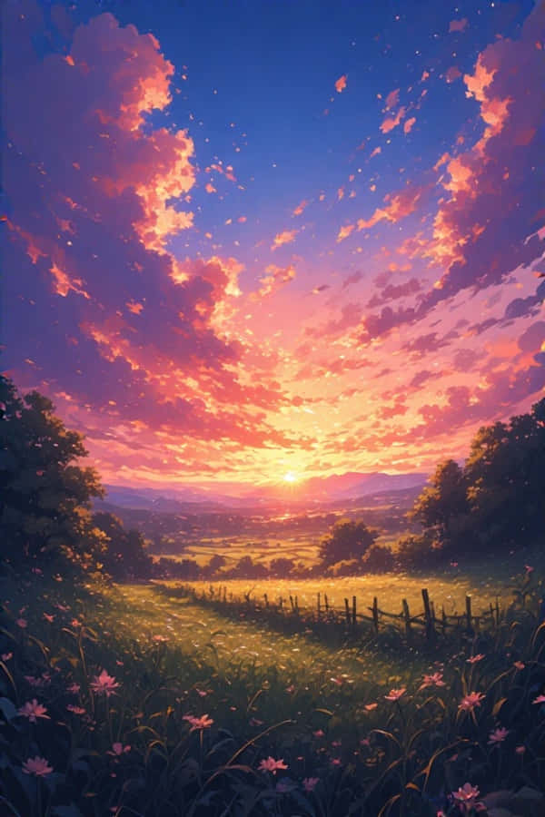 Hoàng hôn Anime Phong cảnh Nông thôn Mơ màng Rực rỡ 4K Hình nền