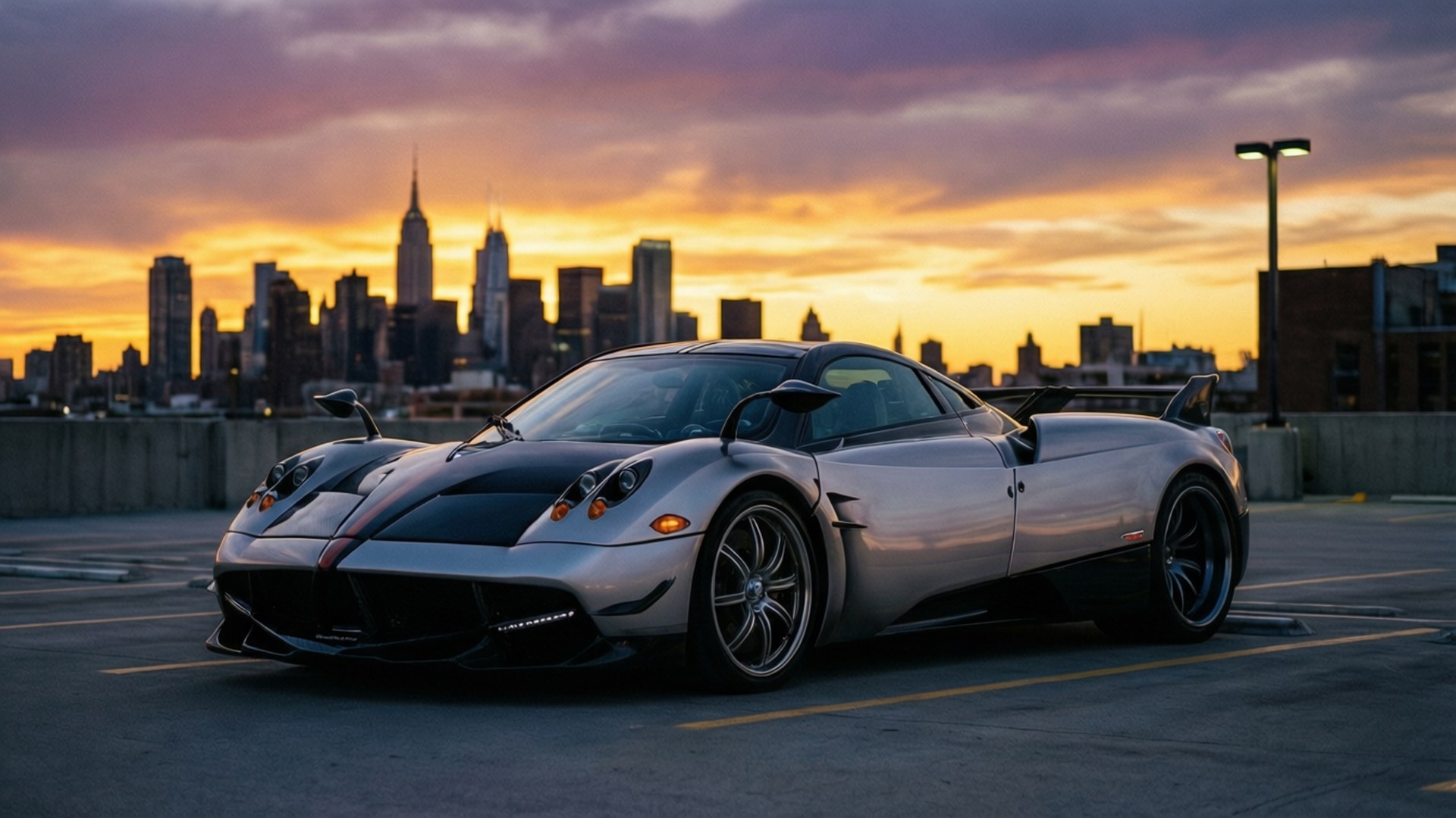 Một chiếc Pagani Huayra BC màu bạc lúc hoàng hôn trên sân thượng với đường chân trời thành phố phía sau.