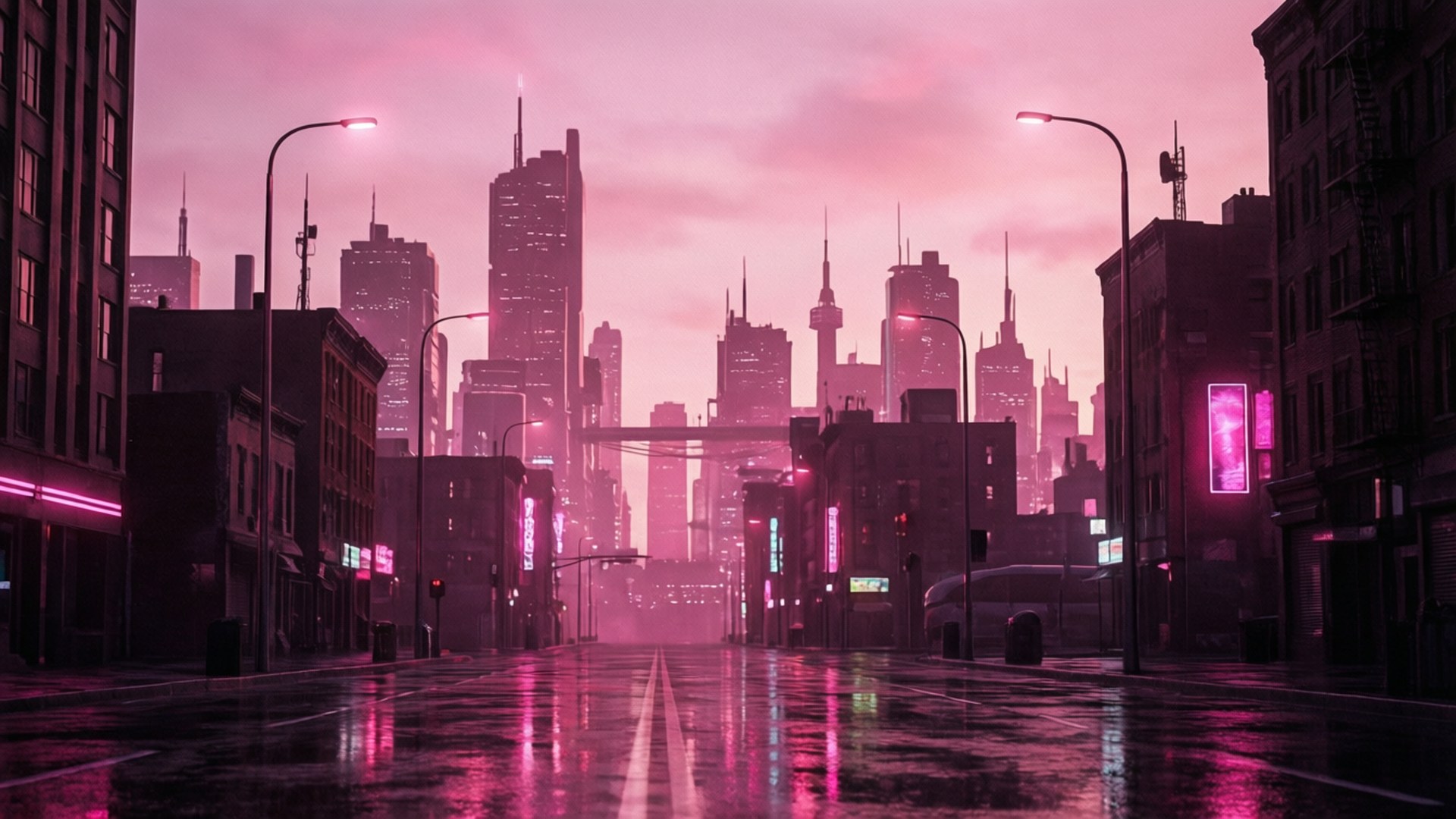 Hoàng hôn thành phố hồng neon Hình nền
