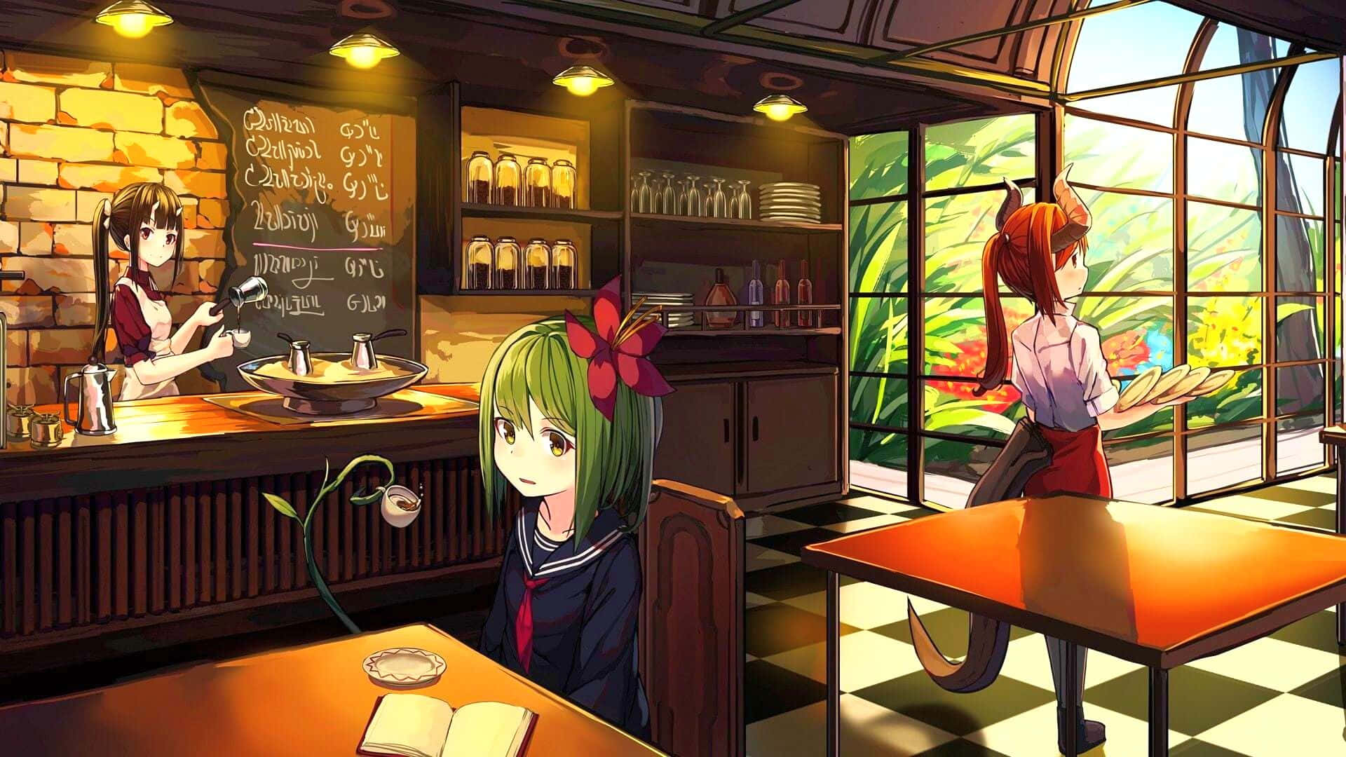 Học sinh nữ trong quán cà phê anime Hình nền