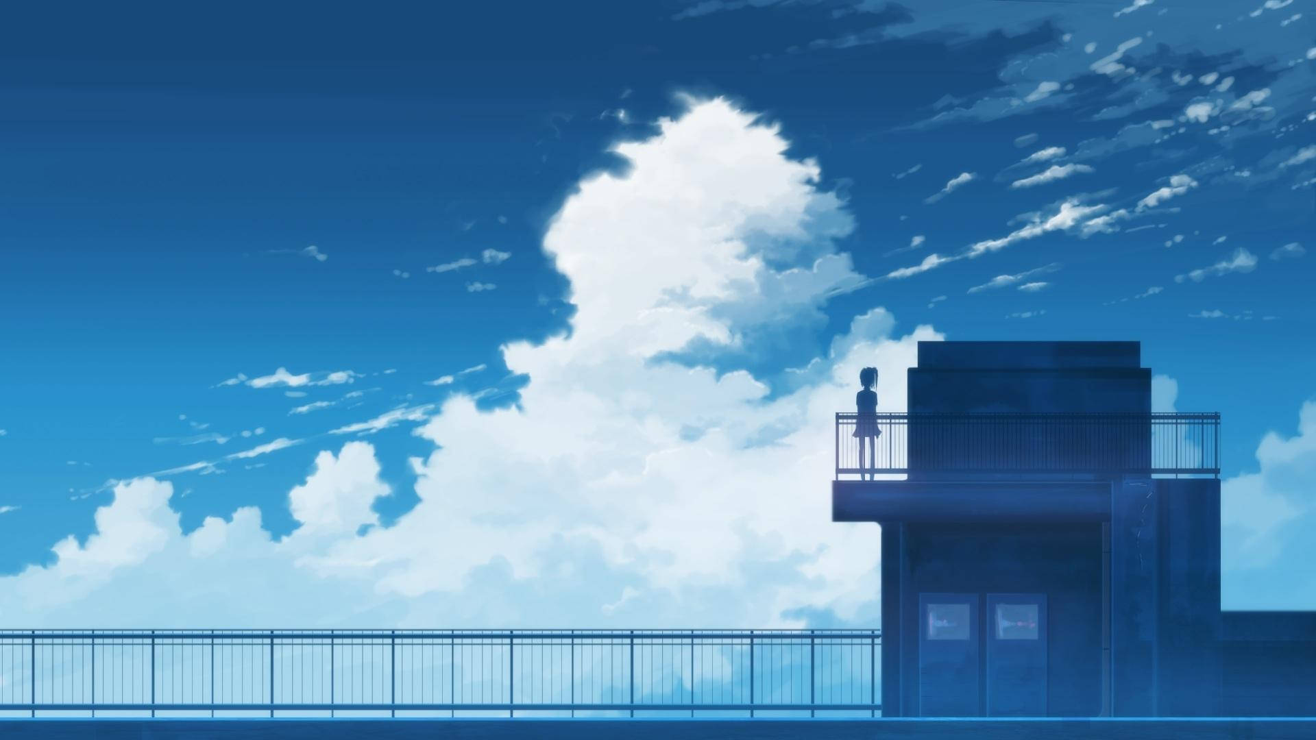 Học sinh trên sân thượng trường học trong khung cảnh anime