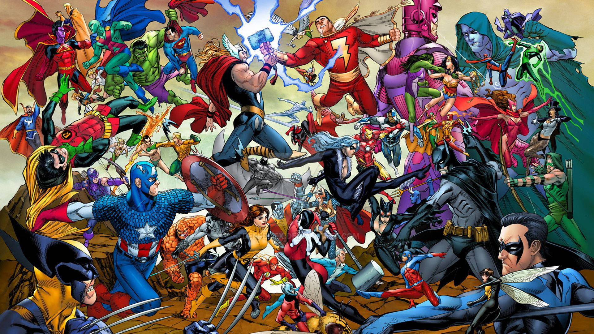 Siêu anh hùng và phản diện Marvel trong một nền truyện tranh.