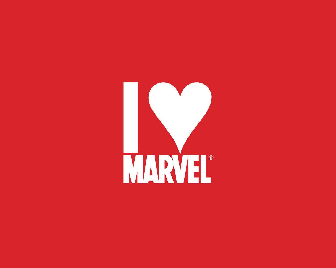 Tôi yêu truyện tranh Marvel với trái tim lớn màu trắng trên nền đỏ.