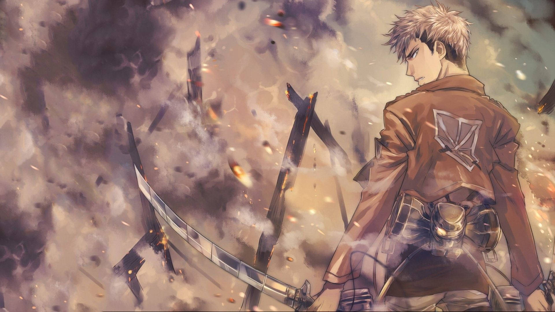 Jean Kirstein mặc đồng phục quân đoàn huấn luyện giữa làn khói cuồn cuộn trong hình nền nghệ thuật fan Attack On Titan.
