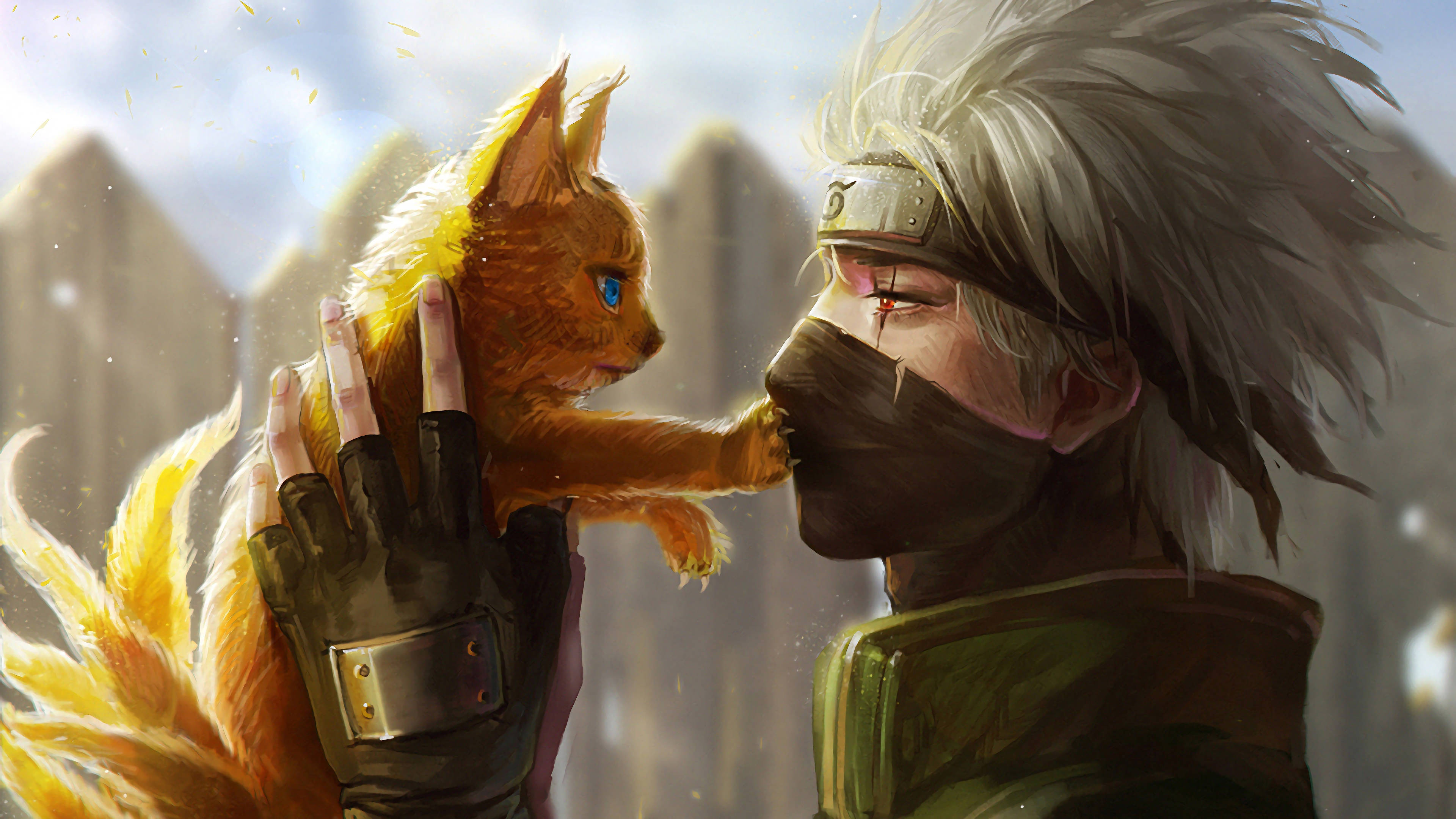 Kakashi 4K Ôm Mèo Chín Đuôi Hình nền