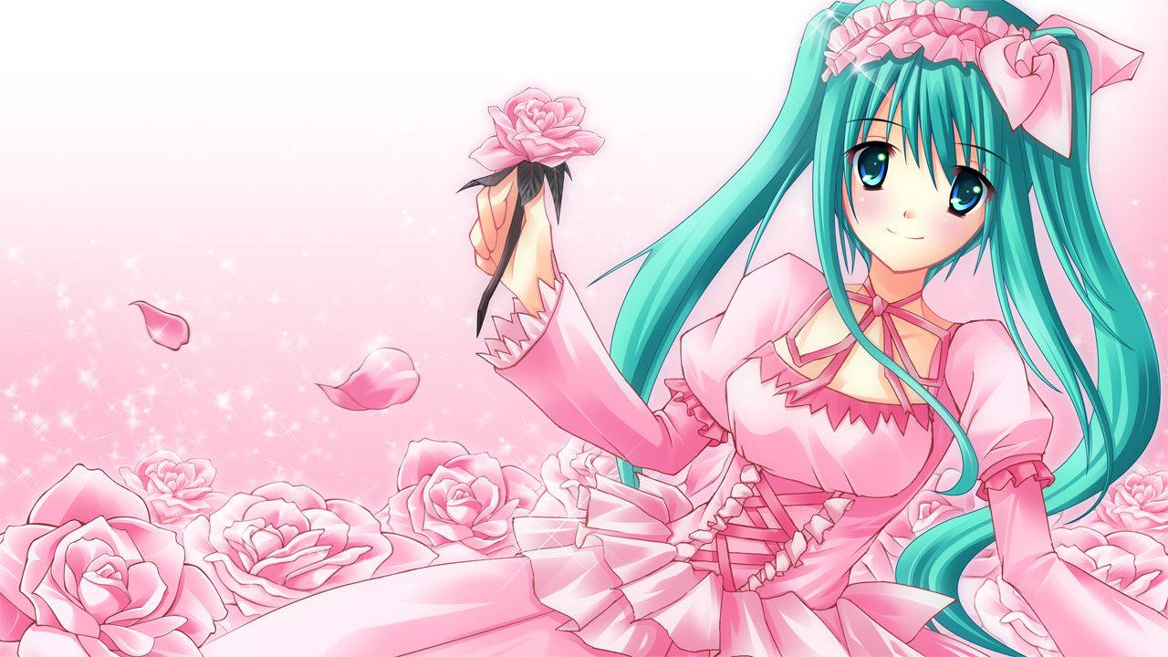 Kawaii Anime Hatsune Miku Váy Hồng Và Hoa Hồng Hình nền