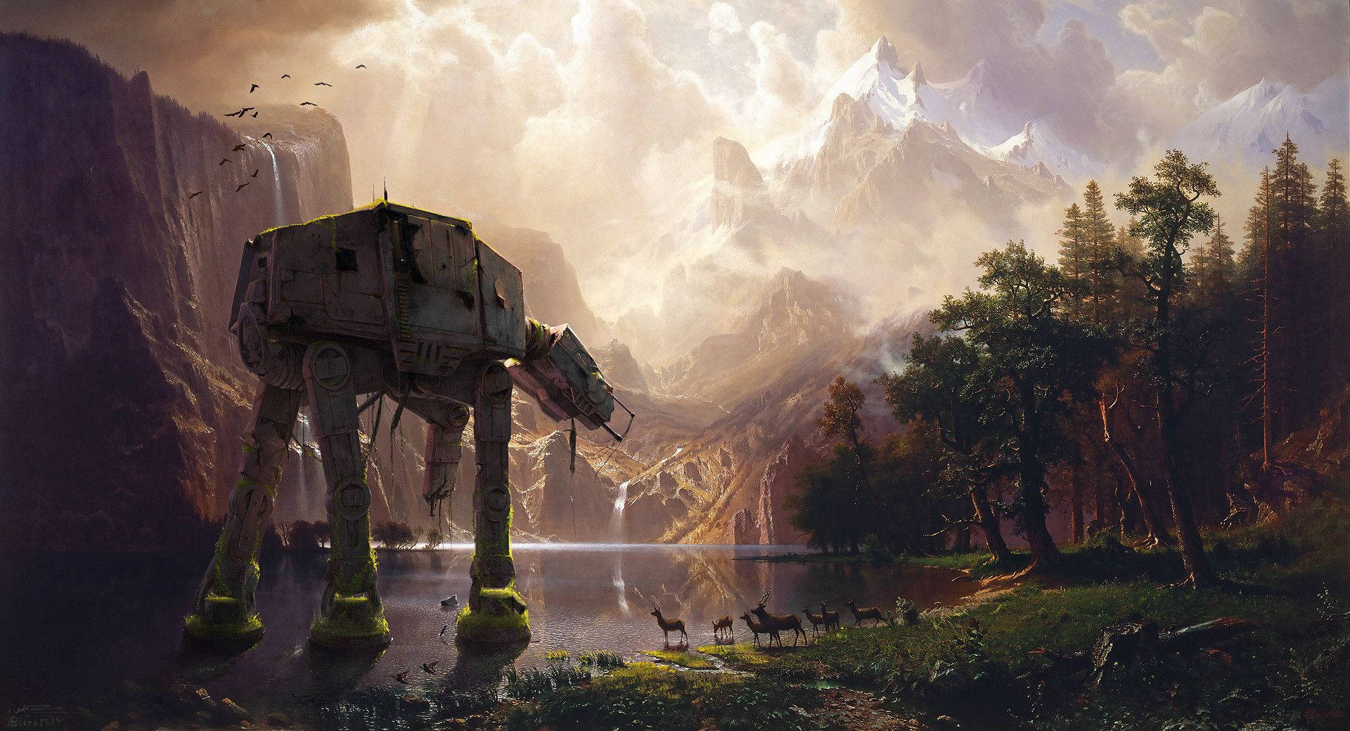 Hình nền Star Wars của robot khủng long đi trên núi với hươu và cây cối