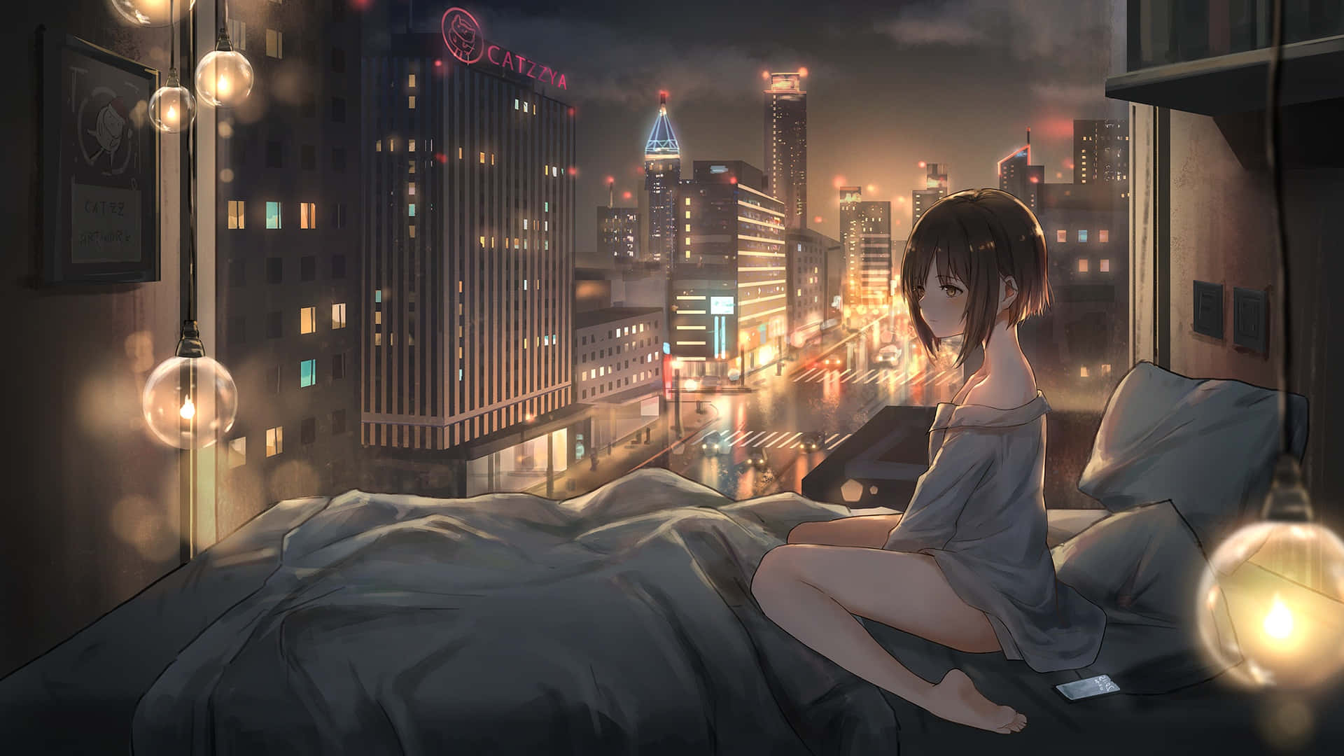 Khung cảnh thành phố anime về đêm với những tòa nhà chọc trời Hình nền