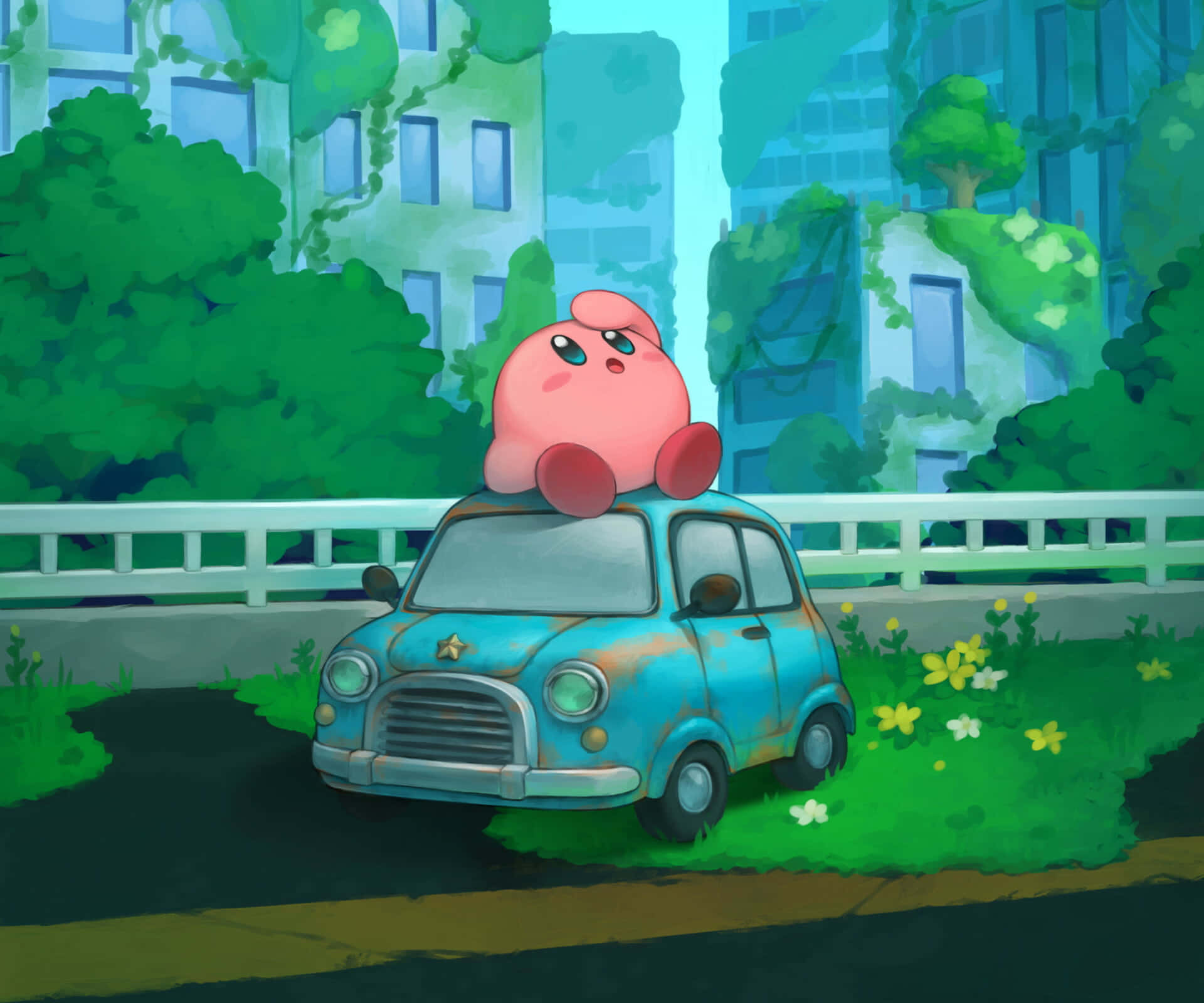 Kirby lơ lửng trên những đám mây giữa bầu trời hồng Hình nền