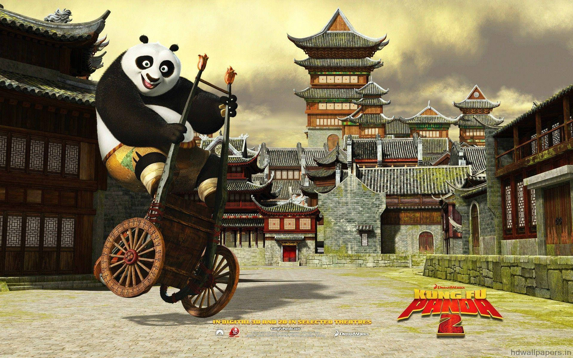 Kung Fu Panda Trượt Vòng Quanh Trên Xe Cút Kít Hình nền