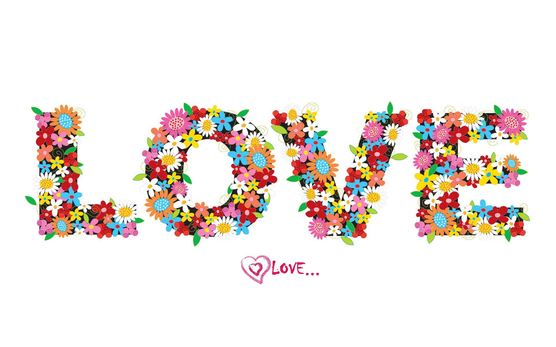 Chữ "love" được tạo từ nhiều loại hoa rực rỡ sắc màu trên nền trắng.