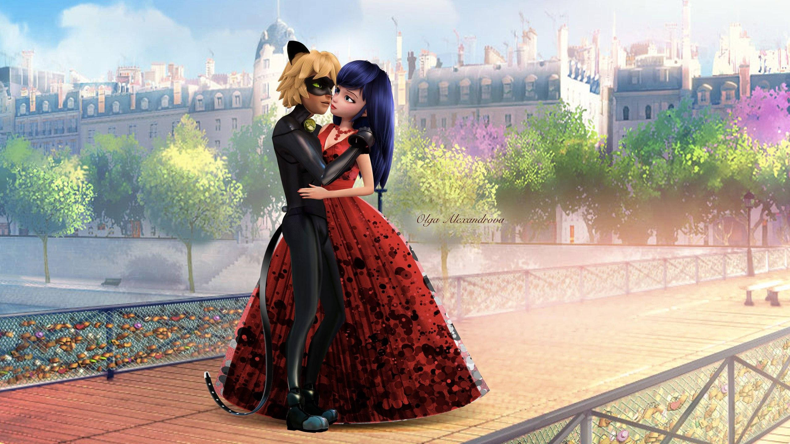 Ladybug và Cat Noir hôn nhau trên cầu Hình nền