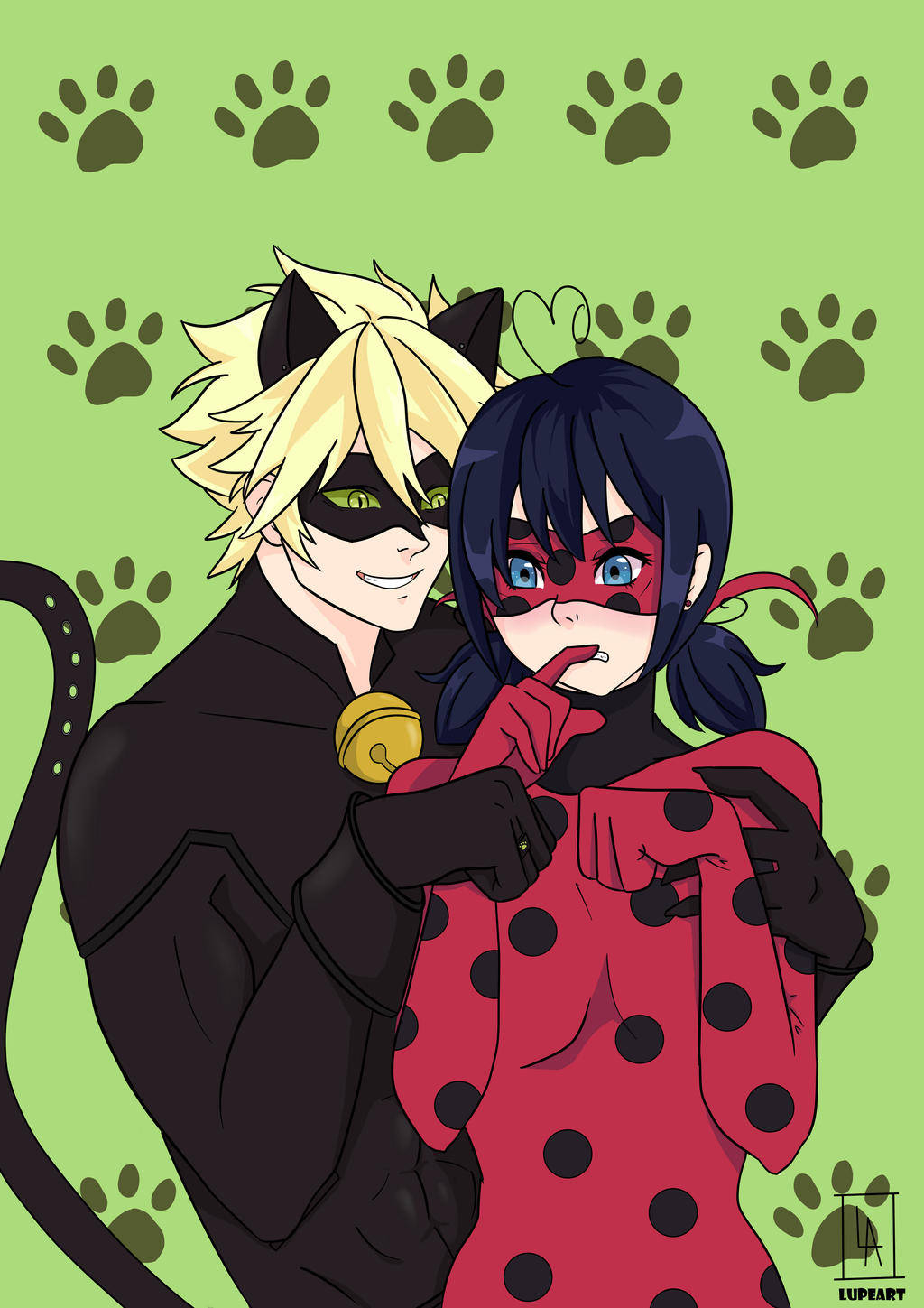Ladybug và Cat Noir hôn nhau in hình chó Hình nền