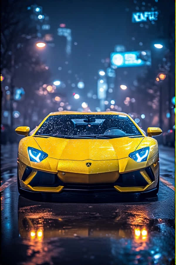 Lamborghini màu vàng neon về đêm với ánh đèn thành phố tương lai 4K Hình nền