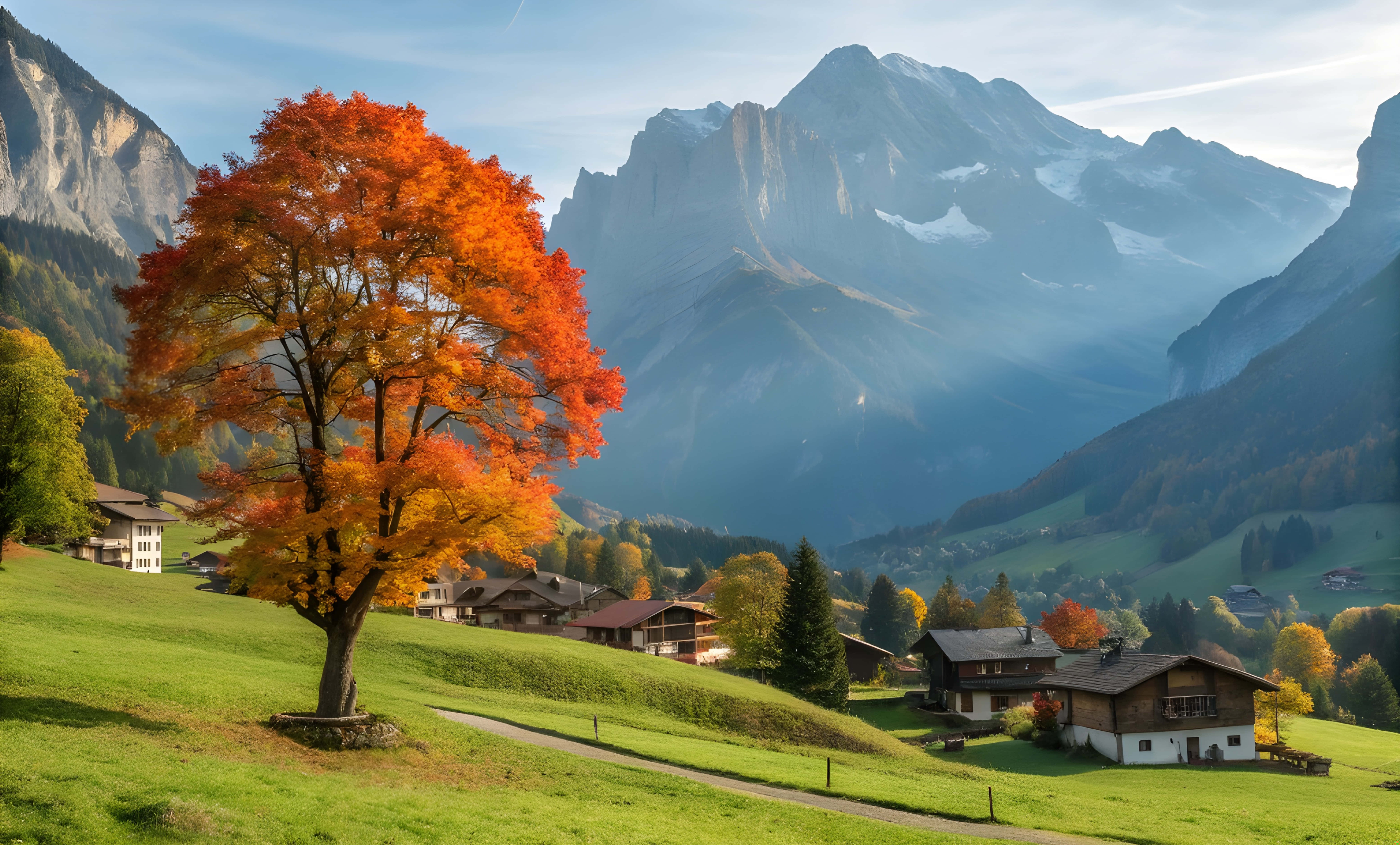 Làng Grindelwald và cây cam với cảnh núi xanh Hình nền