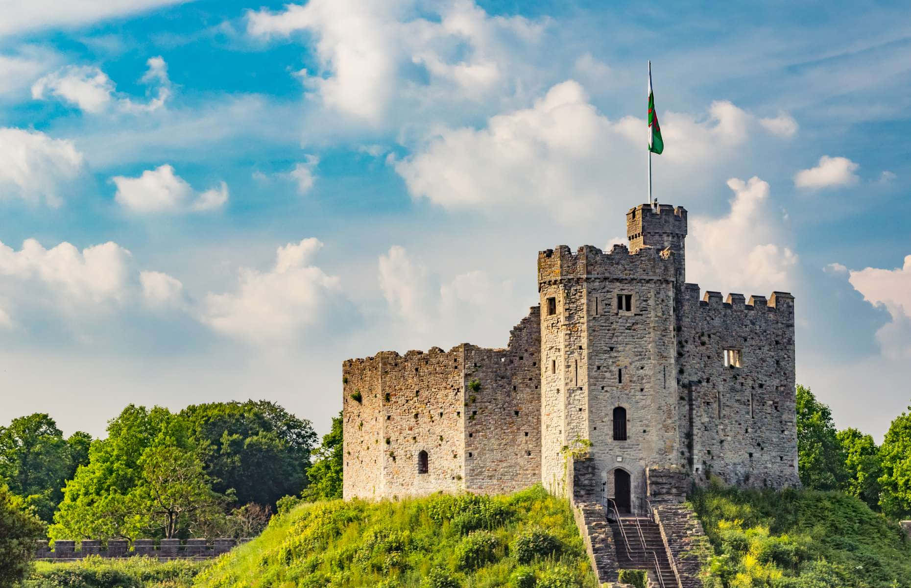 Lâu đài Cardiff giữa rừng cây xanh Hình nền