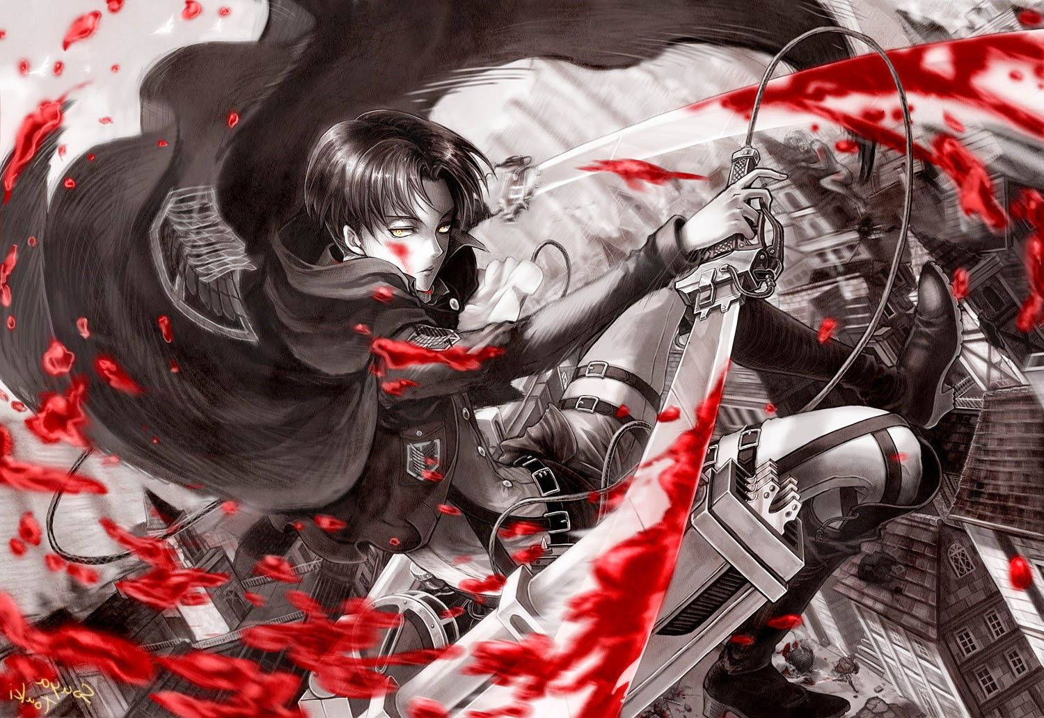 Đội trưởng Levi Ackerman trong hình nền fan art Attack on Titan vấy máu.