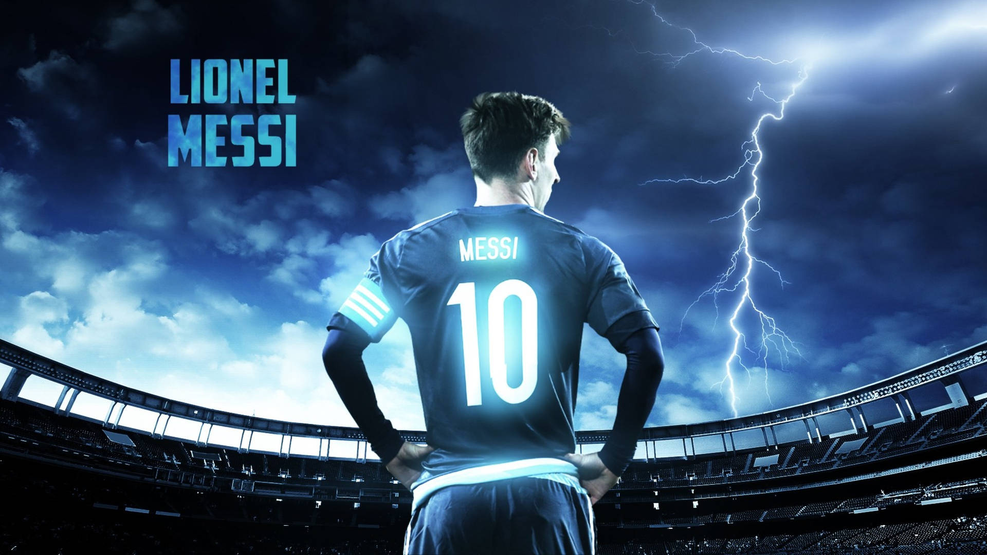 Hình nền Lionel Messi tại sân vận động dưới bầu trời xanh có tia chớp
