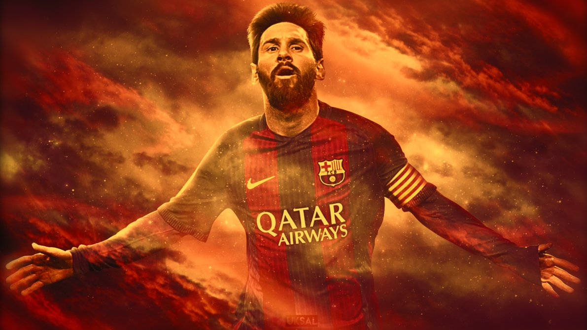 Hình nền nghệ thuật kỹ thuật số của Lionel Messi trên nền lửa cam trừu tượng
