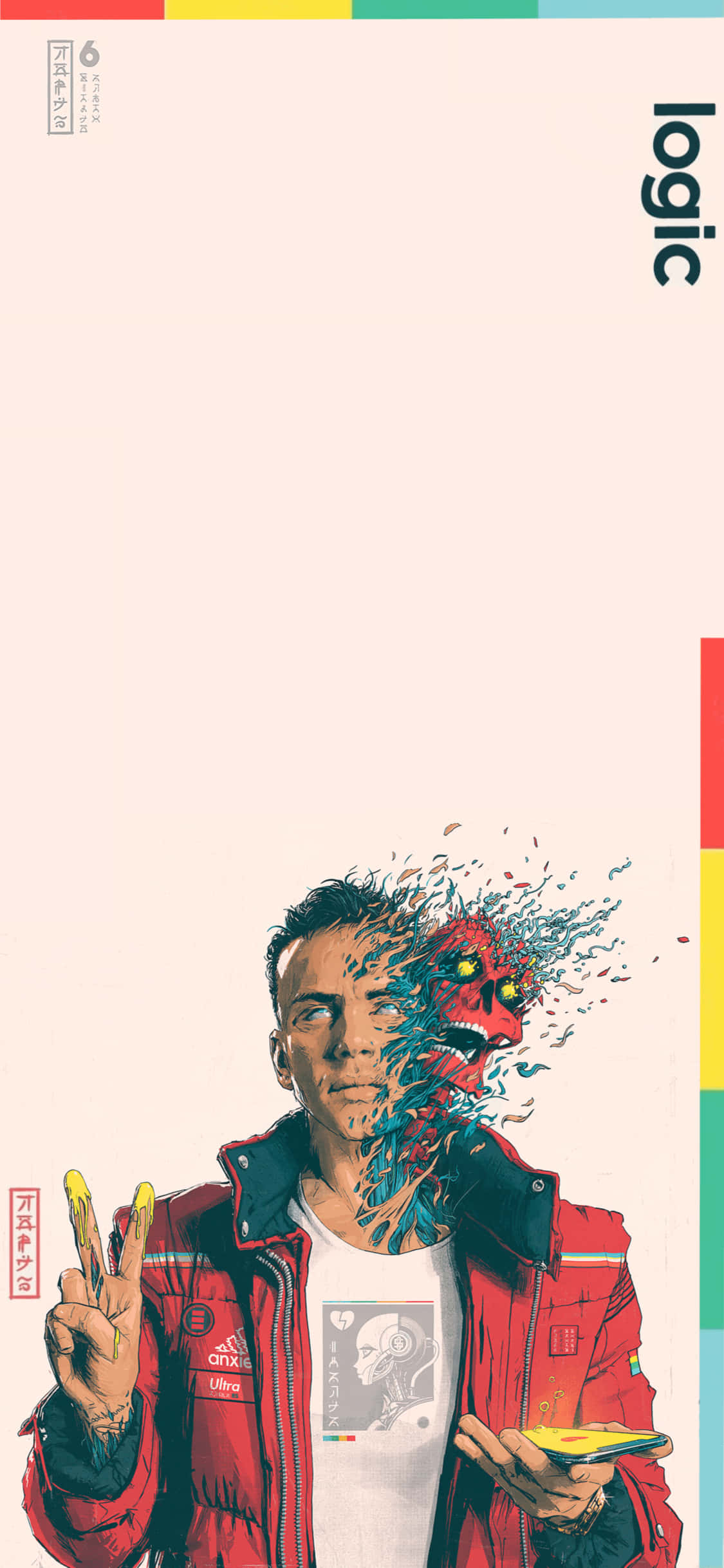 logic - một người đàn ông mặc áo khoác đỏ giơ biểu tượng hòa bình Hình nền