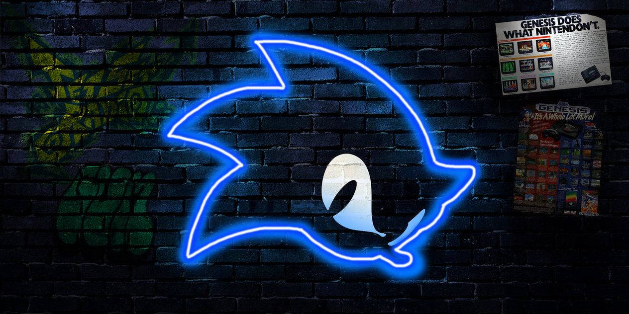 Hình nền xanh của biểu tượng Sonic ánh sáng neon trên tường gạch bị phá hoại.