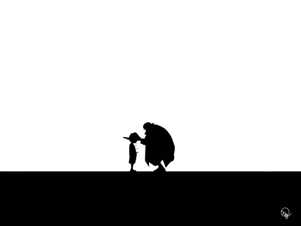 Hình nền One Piece bóng dáng Shanks đội mũ rơm lên đầu Luffy.