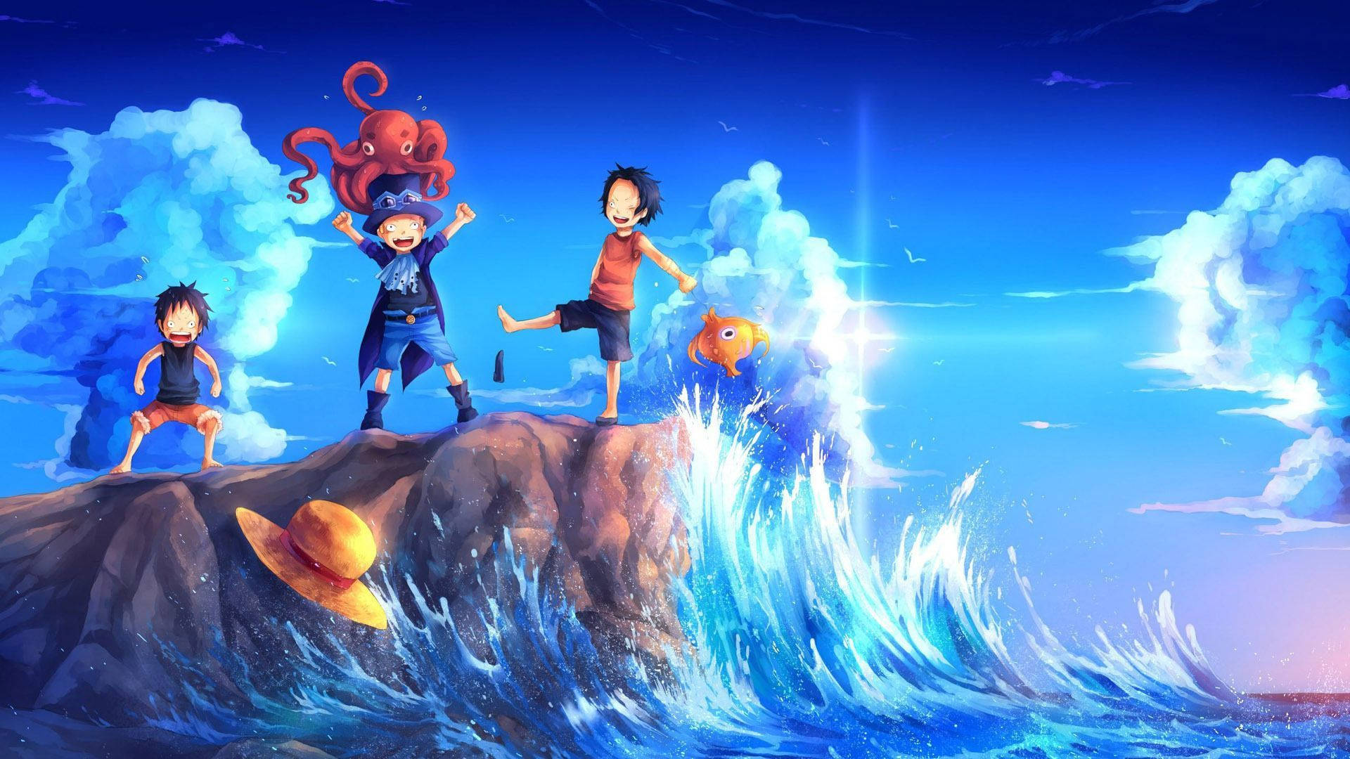 Hình nền nghệ thuật vector One Piece về Luffy nhỏ, Portgas và Sabo chơi đùa bên đại dương.