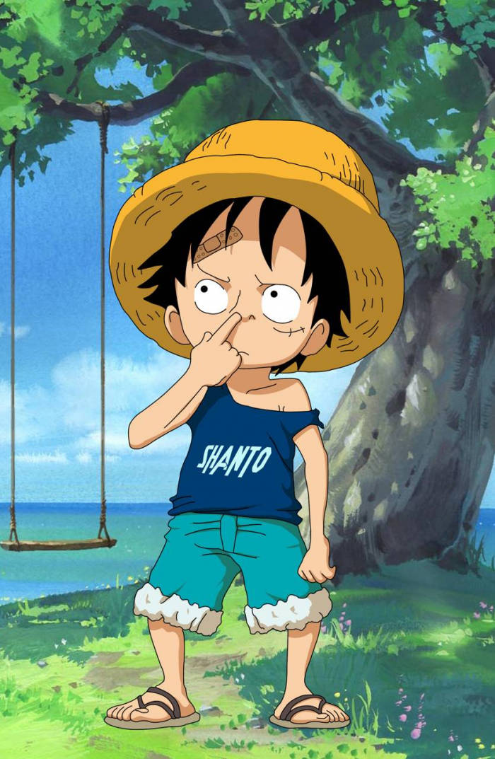 Luffy tạo dáng hài hước trên bãi biển Hình nền