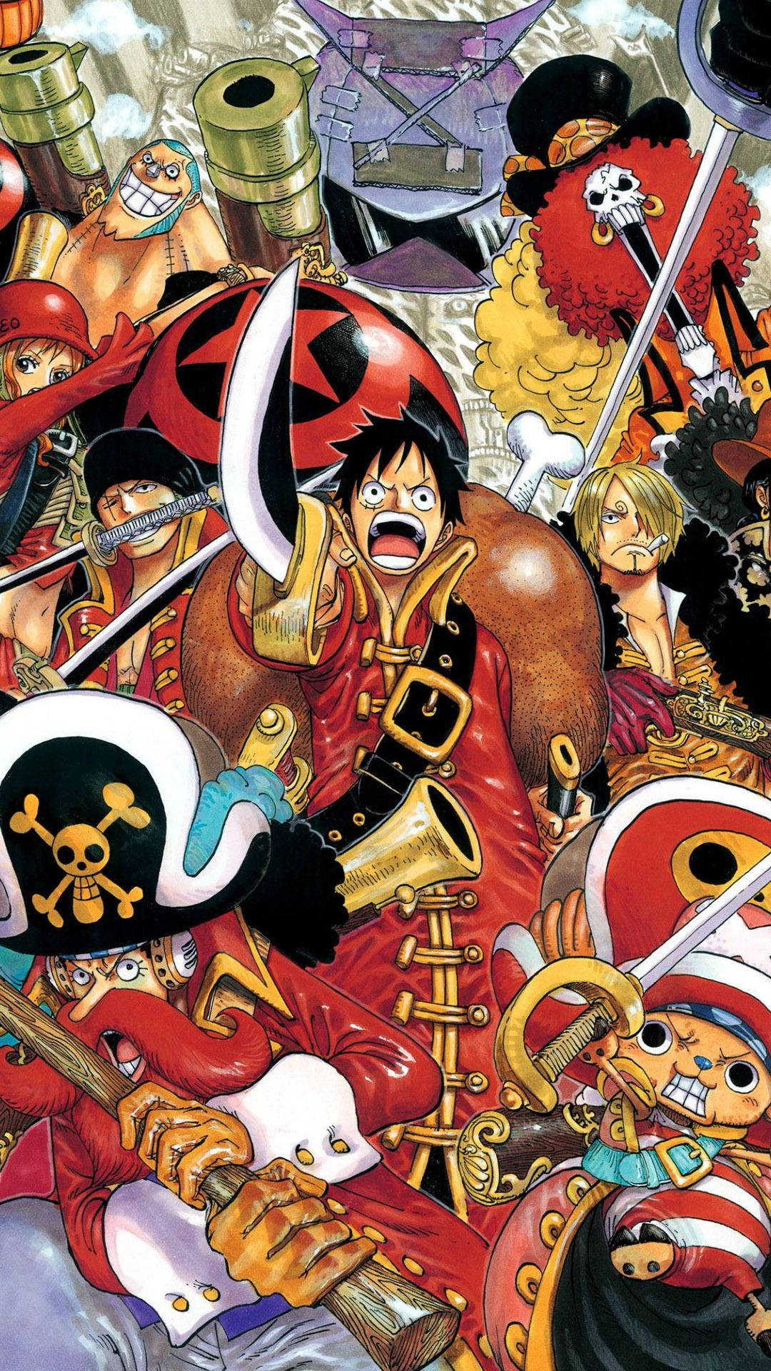 Hình nền One Piece nghệ thuật về Sanji, Nami, Robin, Luffy và các hải tặc khác.