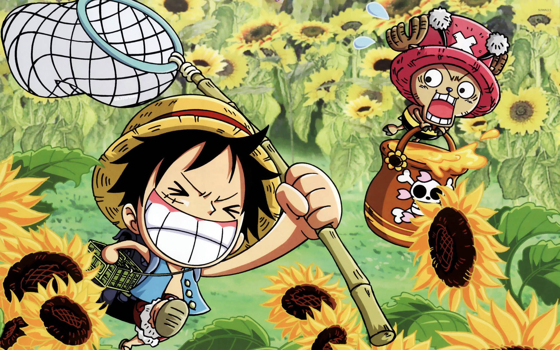 Hình nền One Piece Luffy và Chopper trong cánh đồng hoa hướng dương.
